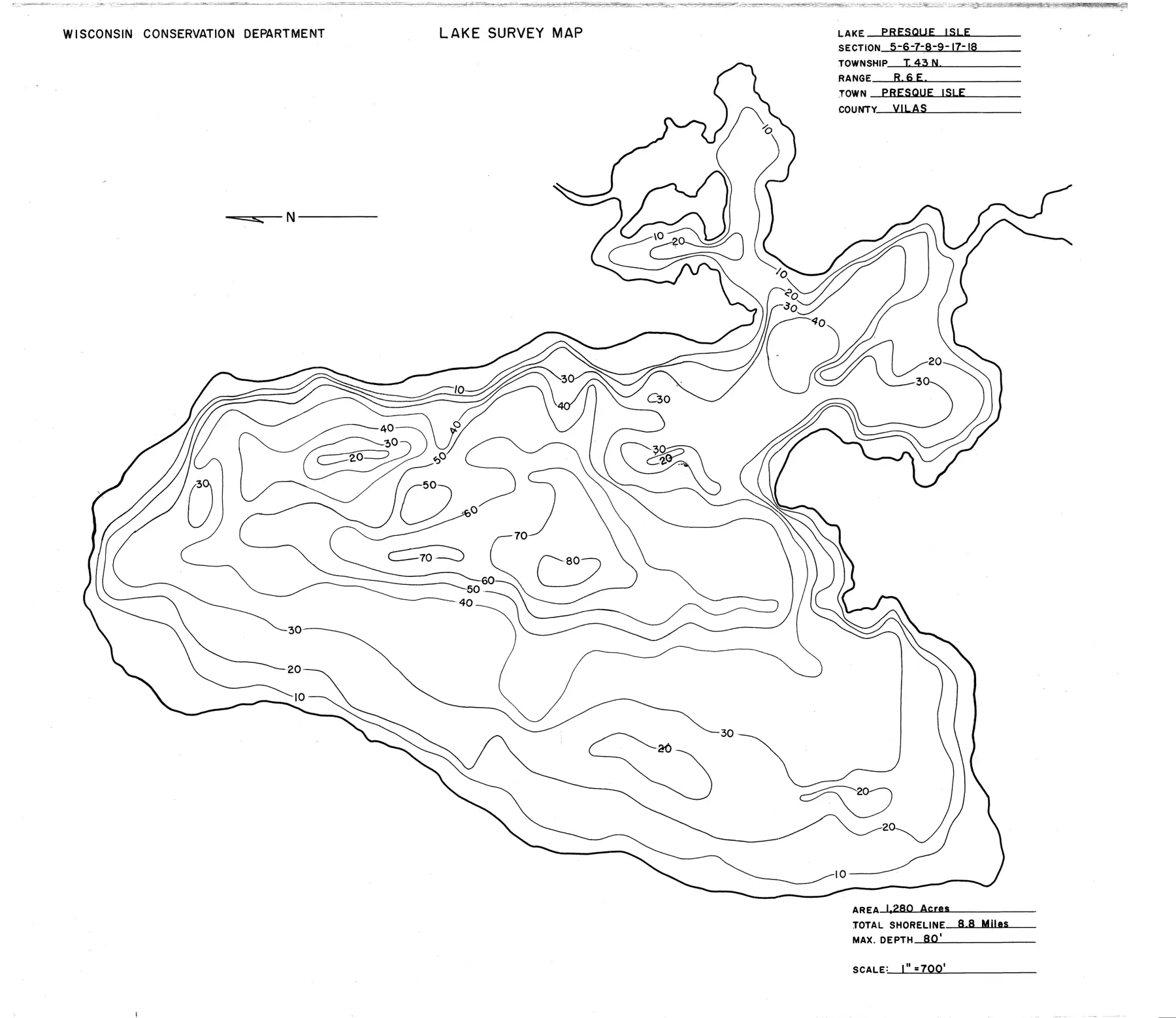 DNR survey map of Presque Isle Lake, with depths in feet. Tap to zoom.