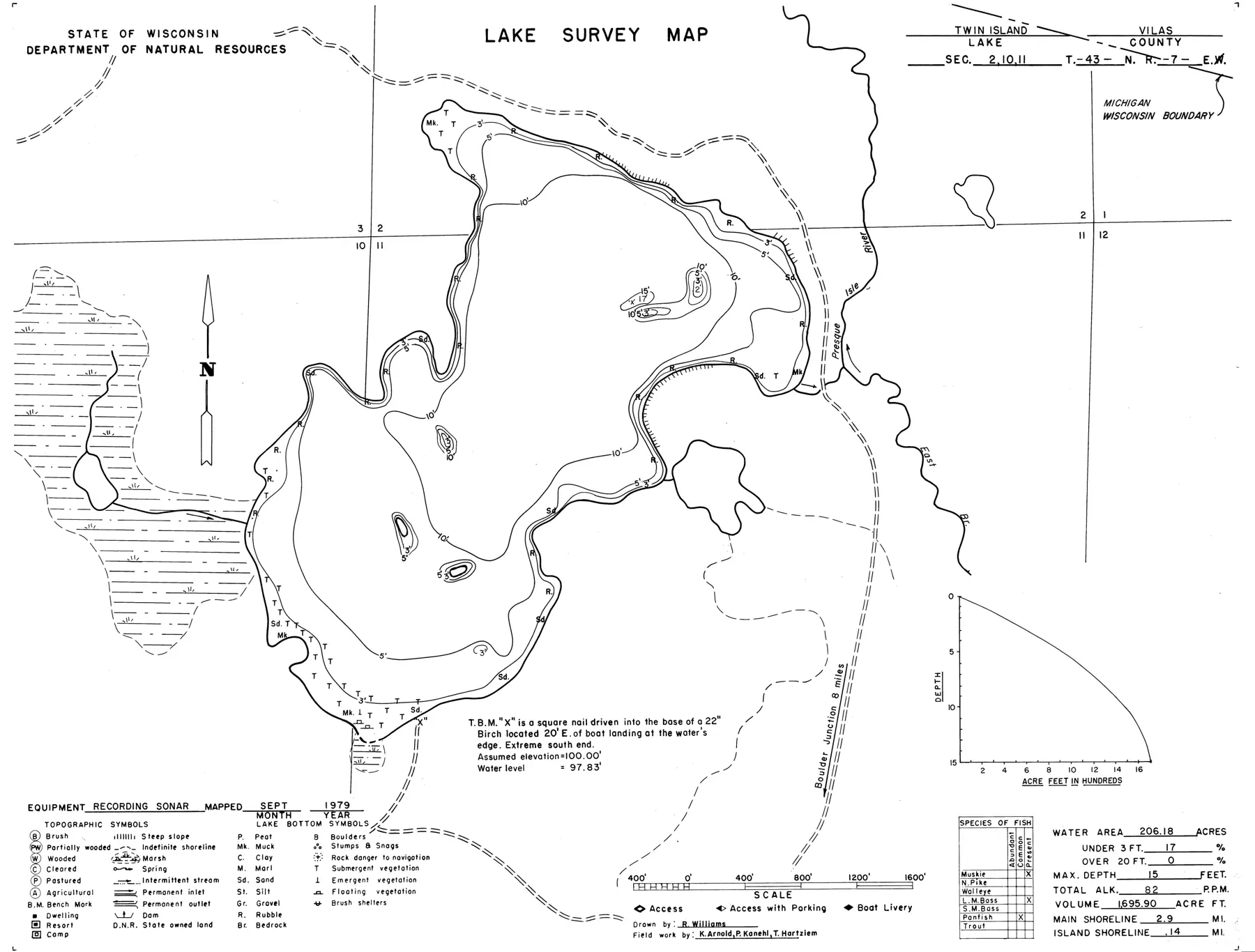 DNR survey map of Twin Island Lake, with depths in feet. Tap to zoom.