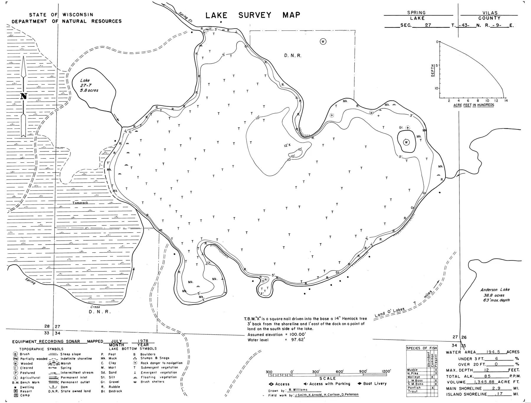 DNR survey map of Spring Lake, with depths in feet. Tap to zoom.