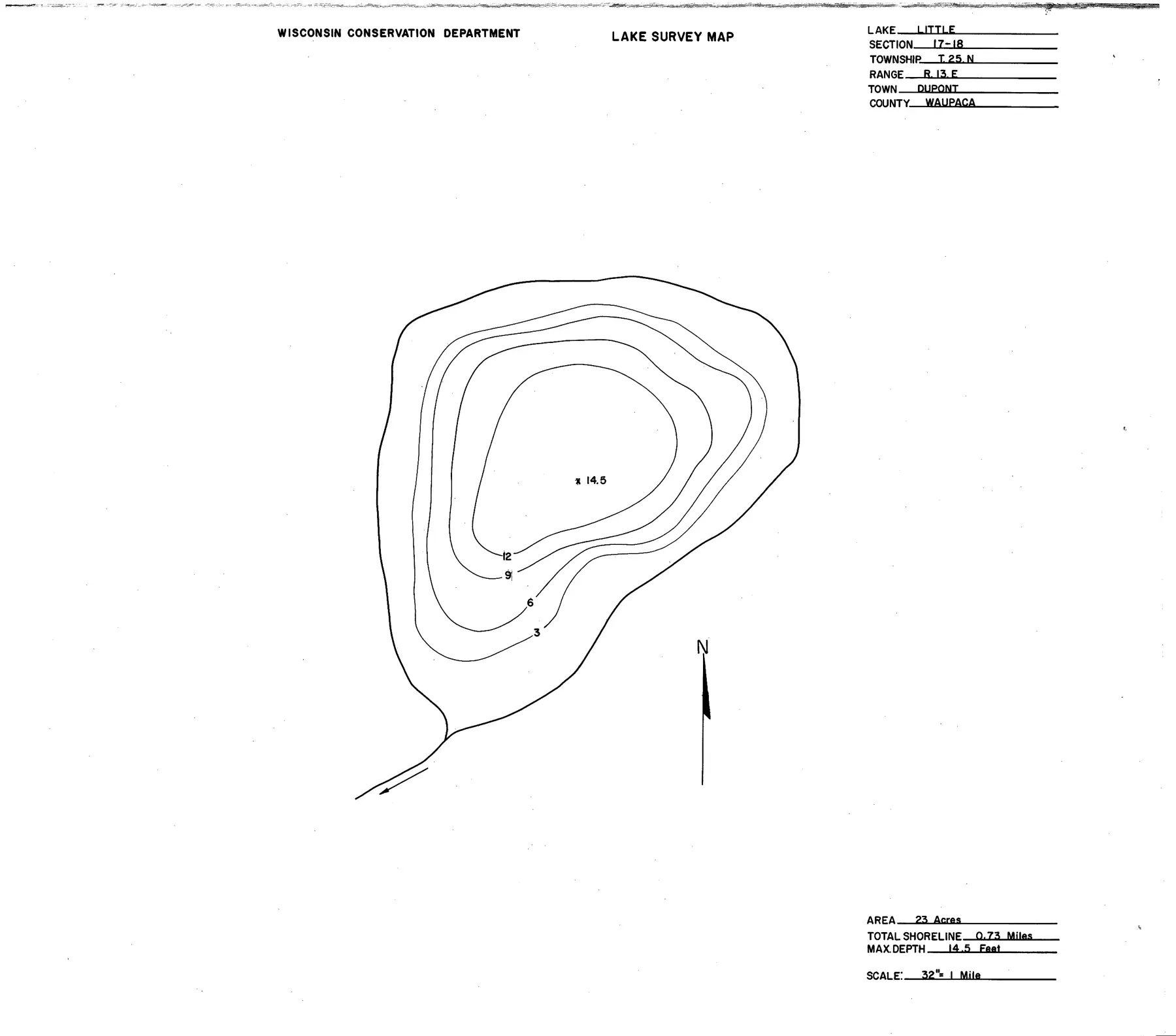 DNR survey map of Little Lake, with depths in feet. Tap to zoom.