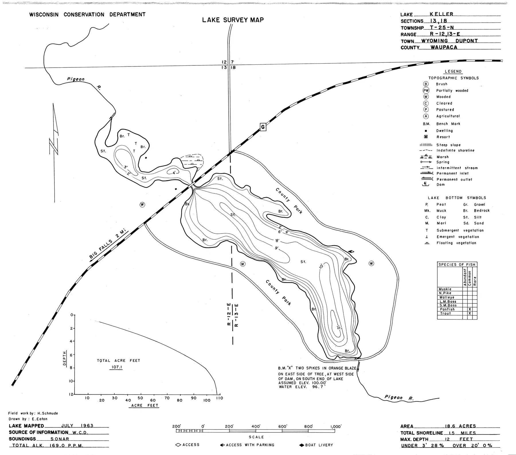 DNR survey map of Keller Lake, with depths in feet. Tap to zoom.