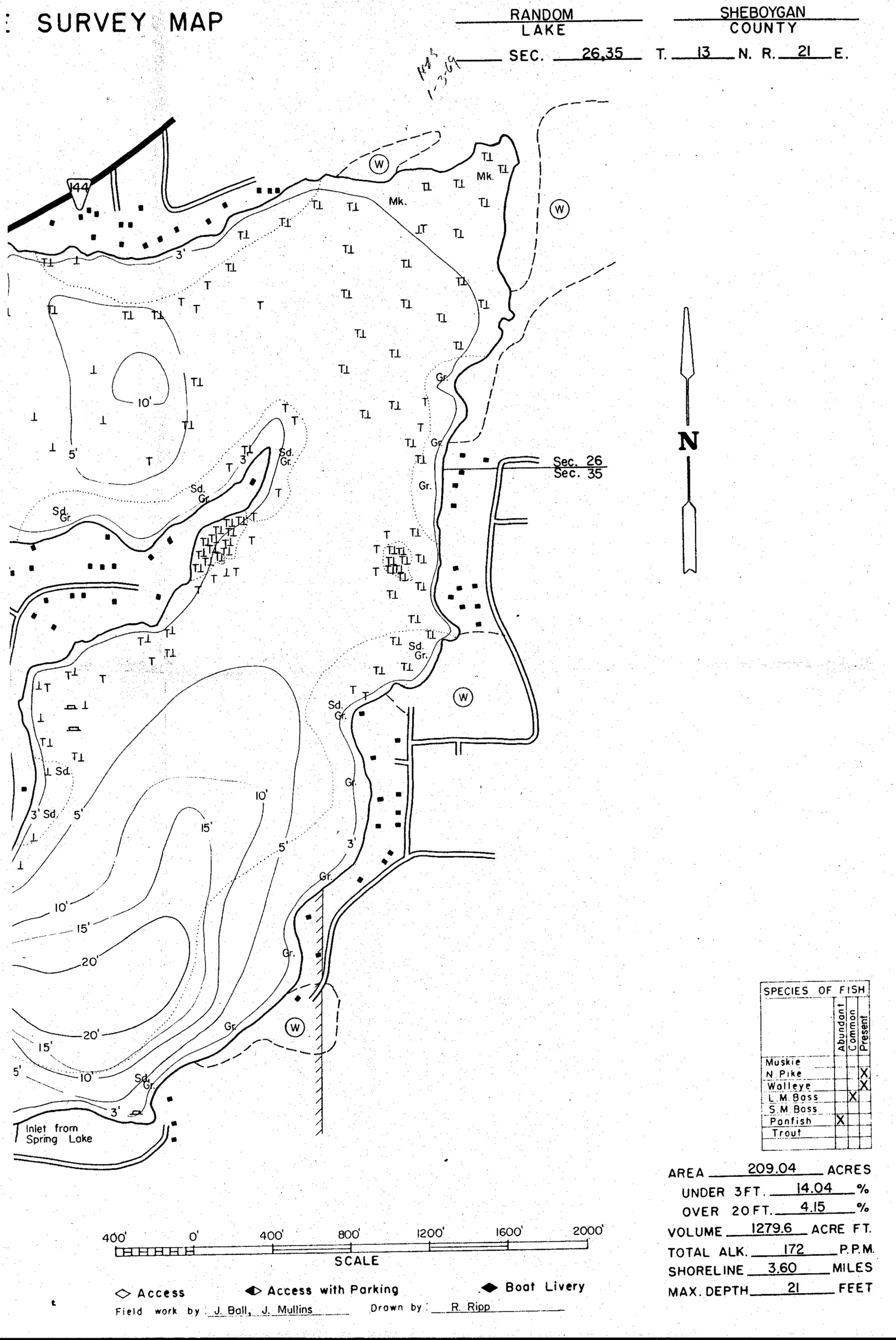 DNR survey map of Random Lake, sheet 1 of 2, with depths in feet. Tap to zoom.