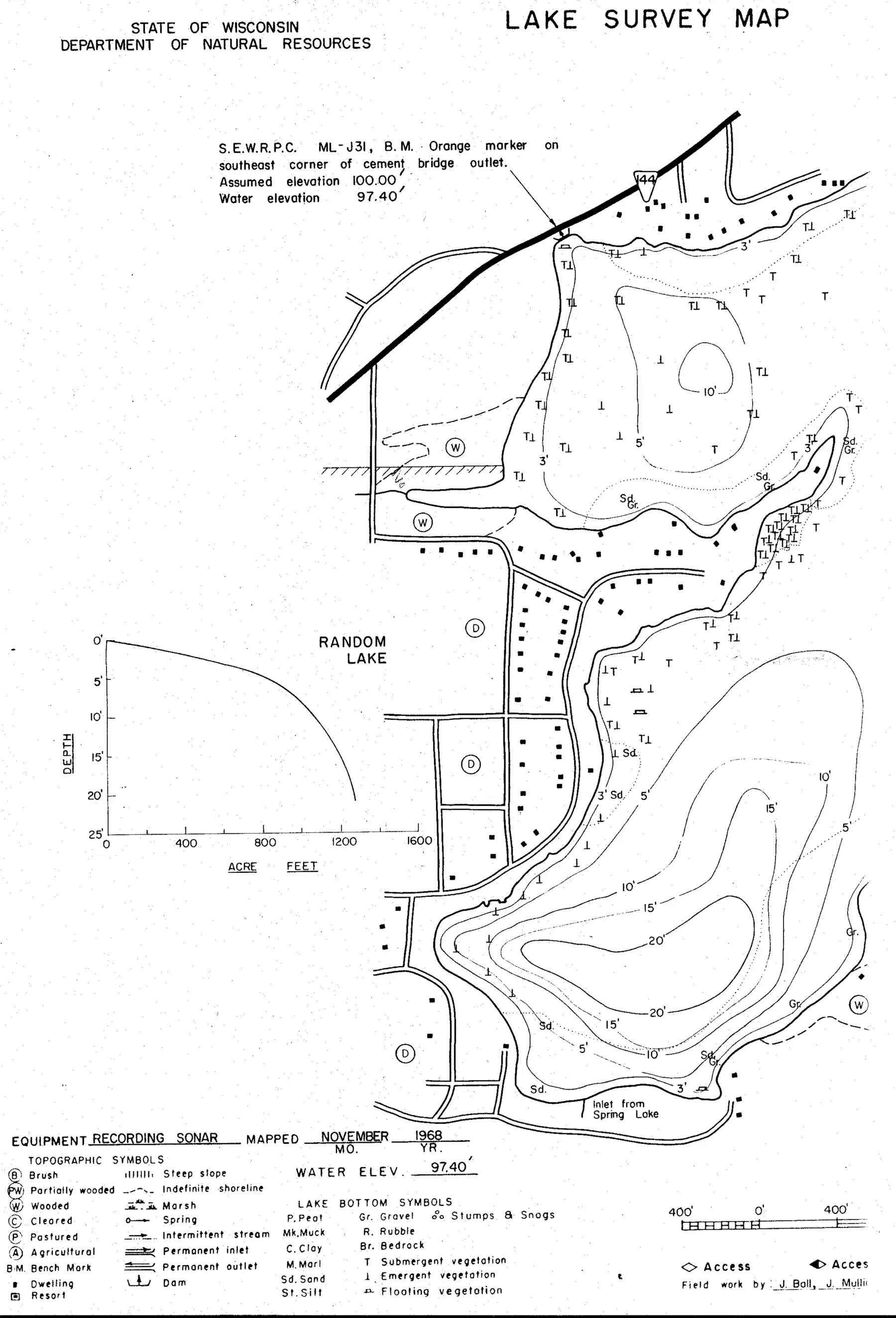 DNR survey map of Random Lake, sheet 2 of 2, with depths in feet. Tap to zoom.