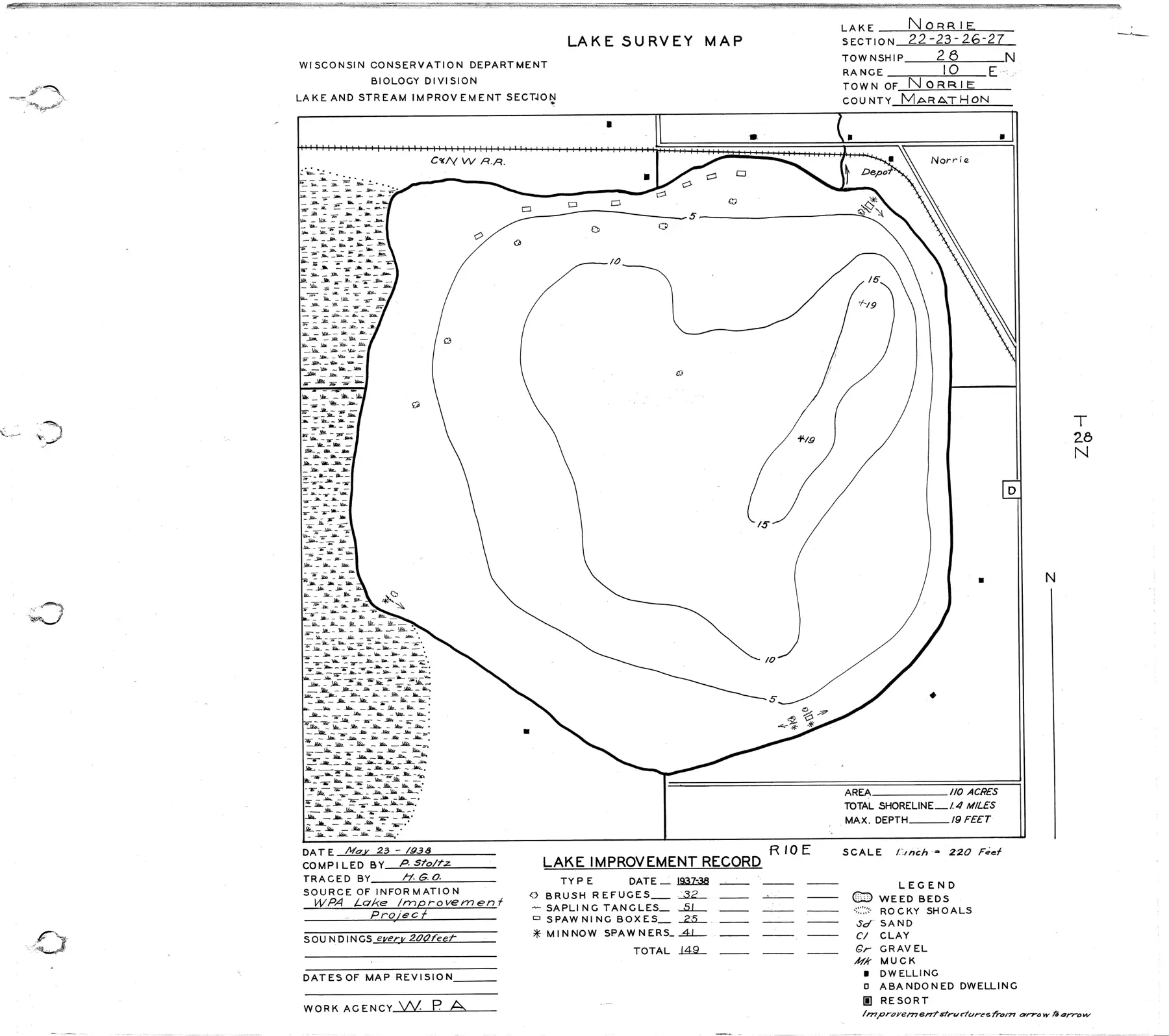 DNR survey map of Norrie Lake, with depths in feet. Tap to zoom.