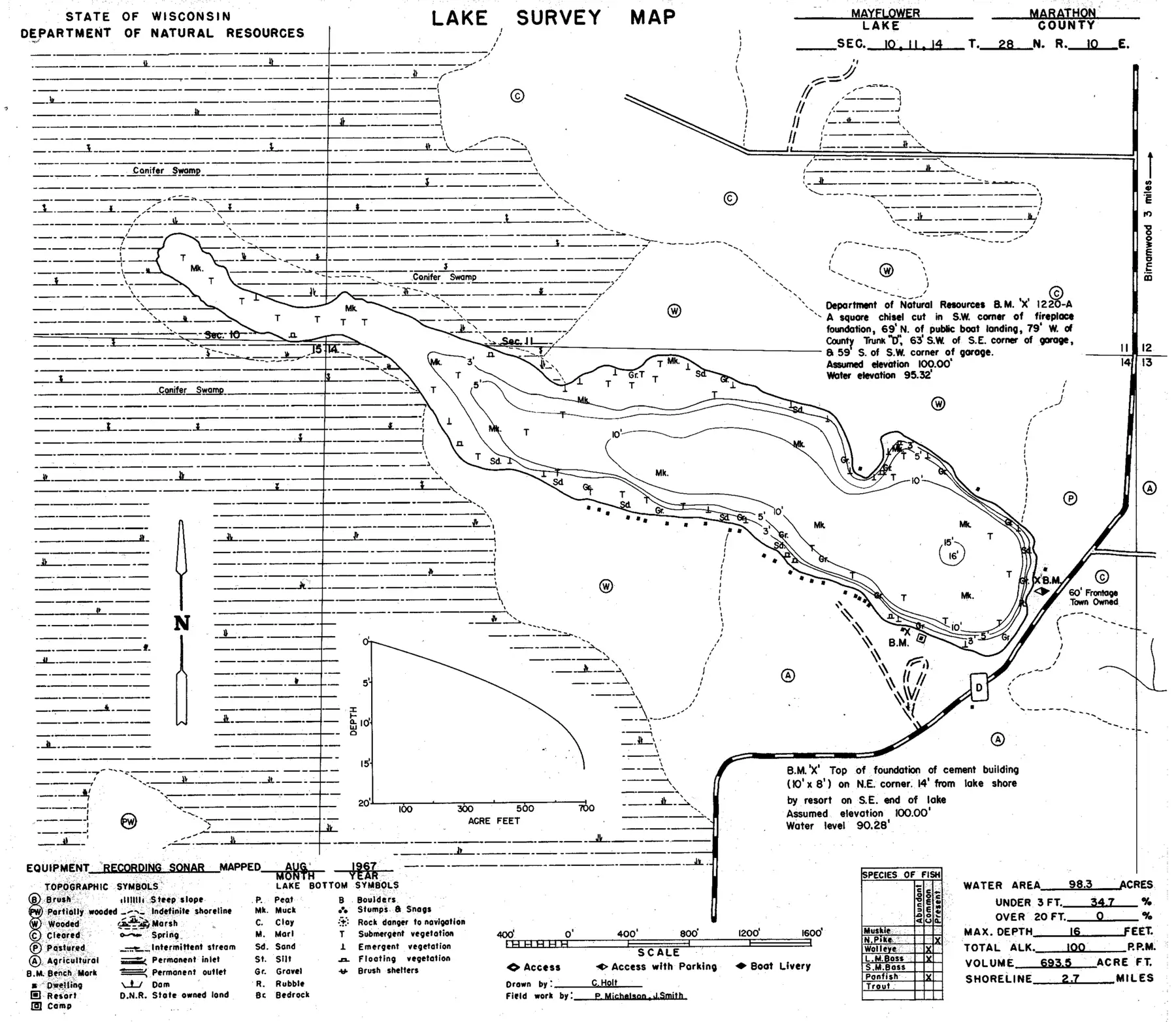DNR survey map of Mayflower Lake, with depths in feet. Tap to zoom.