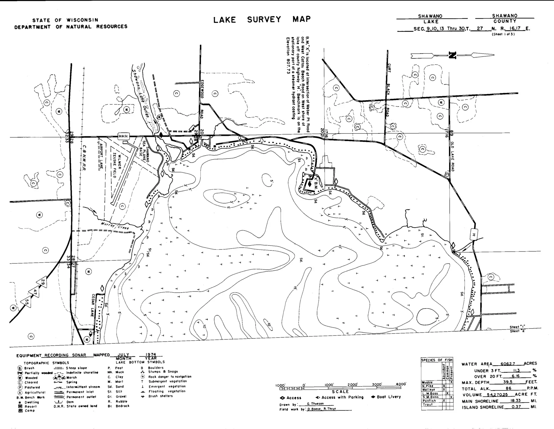 DNR survey map of Shawano Lake, sheet 1 of 3, with depths in feet. Tap to zoom.