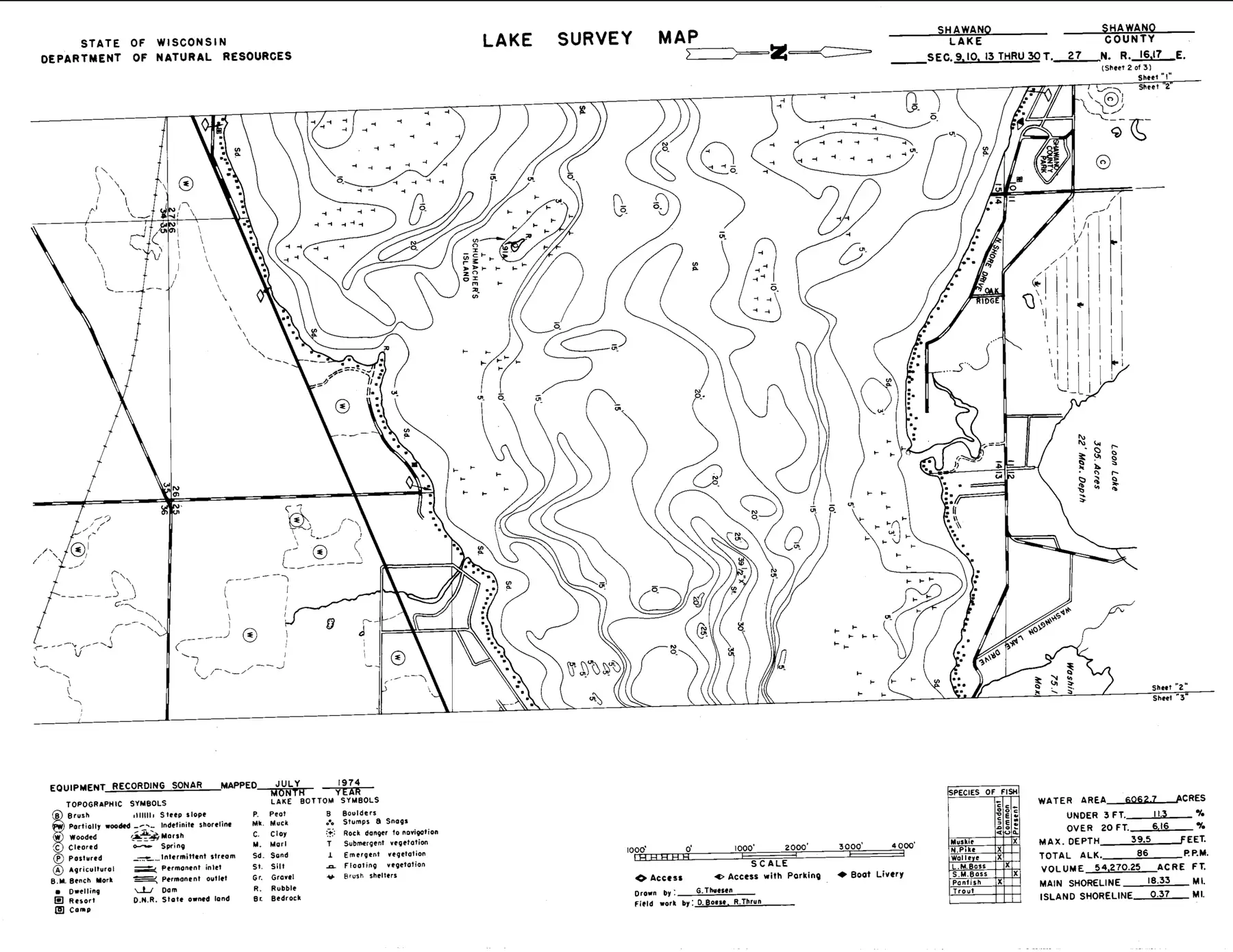 DNR survey map of Shawano Lake, sheet 2 of 3, with depths in feet. Tap to zoom.