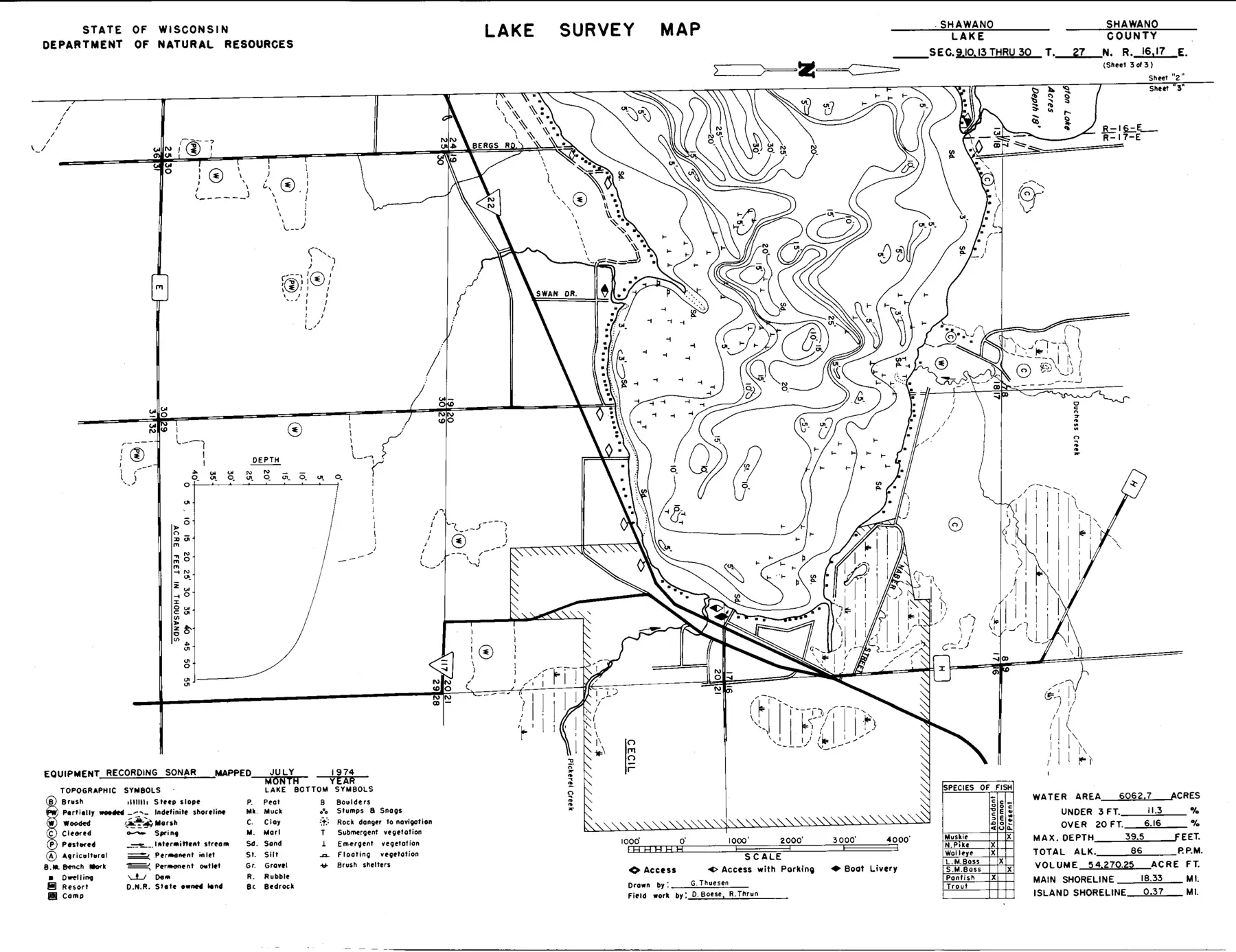 DNR survey map of Shawano Lake, sheet 3 of 3. Tap to zoom.