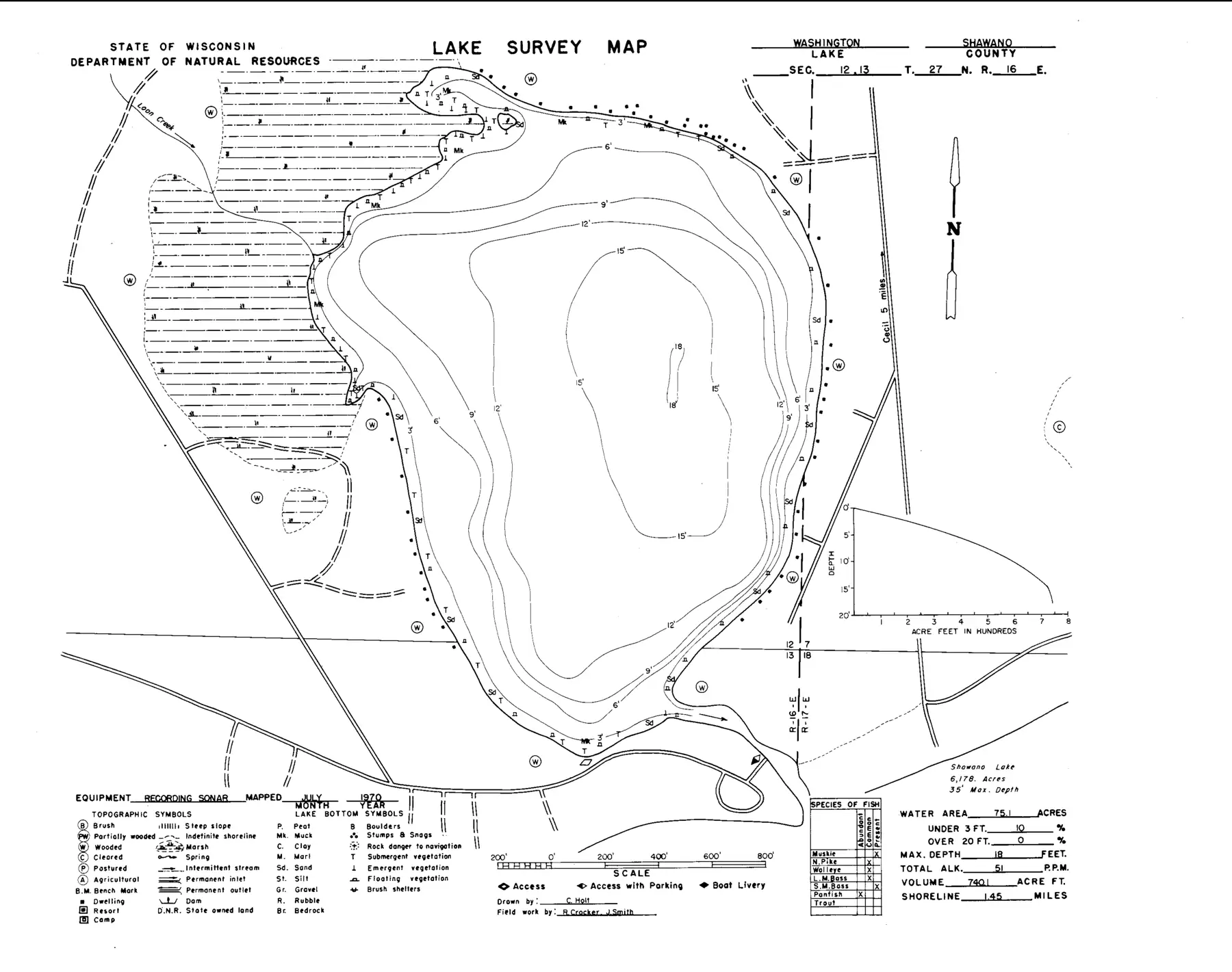 DNR survey map of Washington Lake, with depths in feet. Tap to zoom.