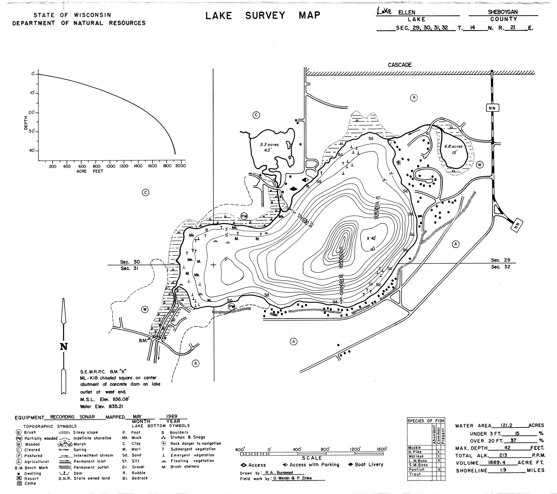 DNR survey map of Lake Ellen, with depths in feet. Tap to zoom.
