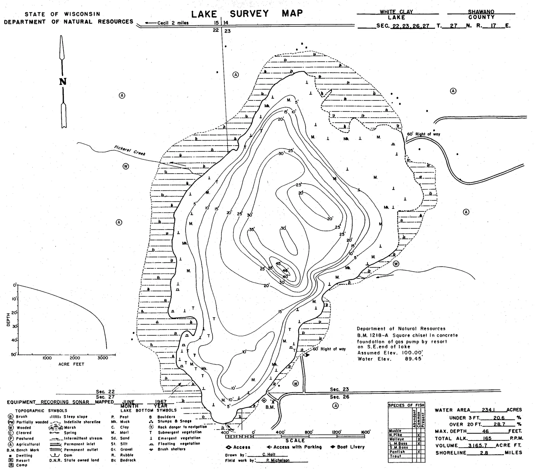 DNR survey map of White Clay Lake, with depths in feet. Tap to zoom.