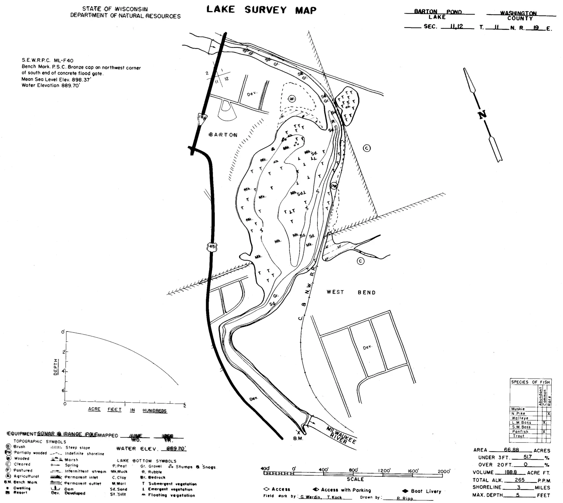 DNR survey map of Barton Pond, with depths in feet. Tap to zoom.
