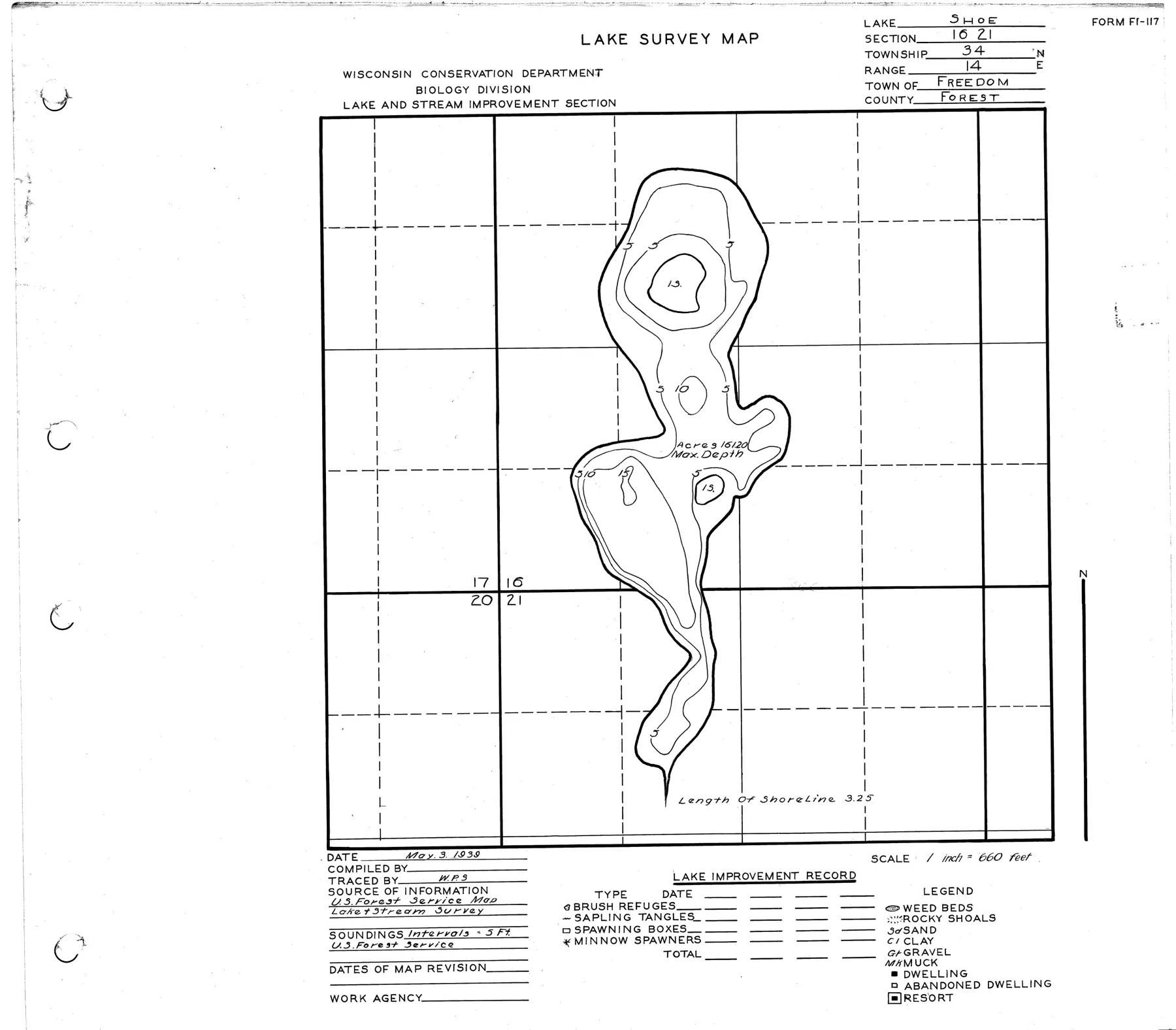 DNR survey map of Shoe Lake, with depths in feet. Tap to zoom.