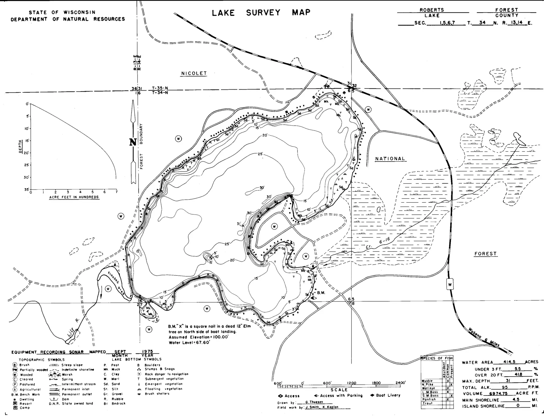 DNR survey map of Roberts Lake, with depths in feet. Tap to zoom.