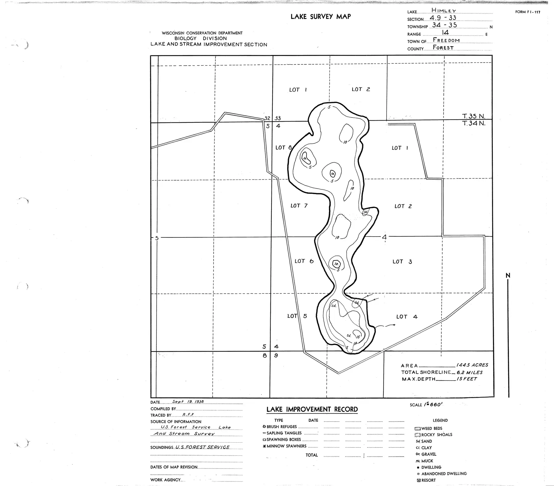 DNR survey map of Himley Lake, with depths in feet. Tap to zoom.