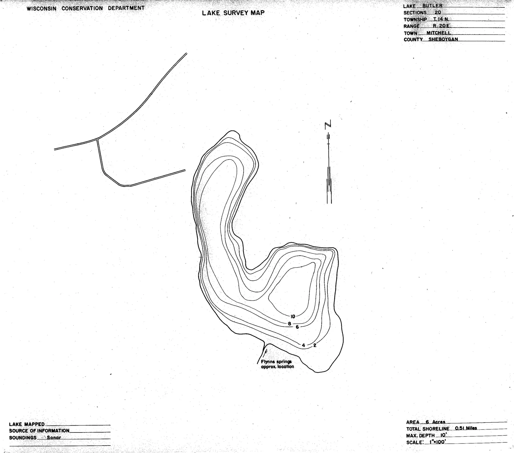 DNR survey map of Butler Lake, with depths in feet. Tap to zoom.