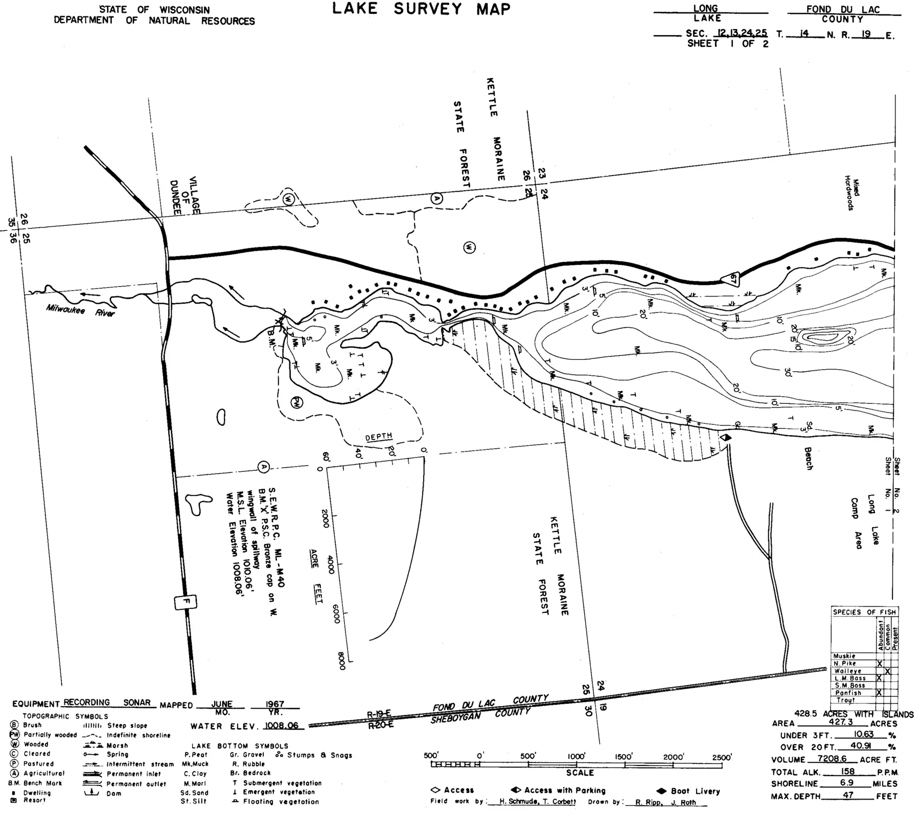 DNR survey map of Long Lake, sheet 1 of 2, with depths in feet. Tap to zoom.