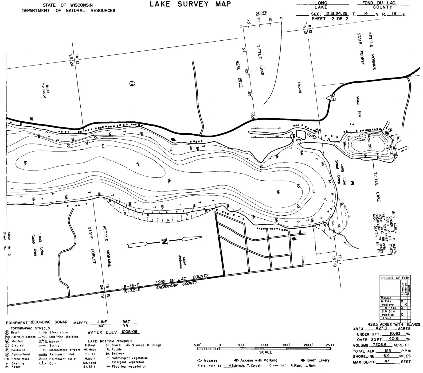 DNR survey map of Long Lake, sheet 2 of 2, with depths in feet. Tap to zoom.
