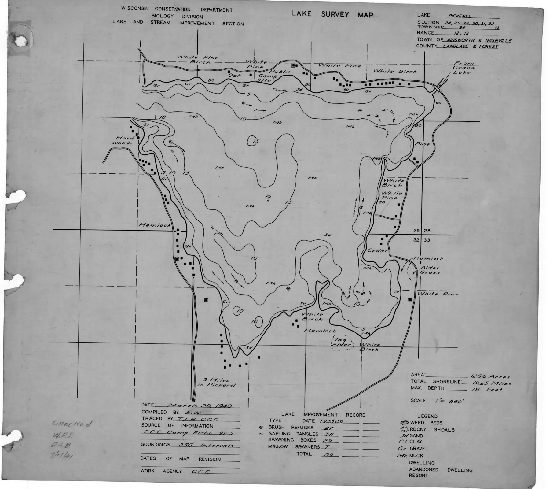 DNR survey map of Pickerel Lake, sheet 1 of 6, with depths in feet. Tap to zoom.