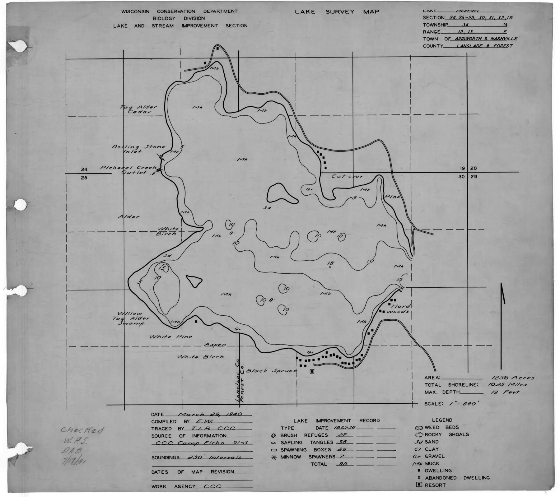 DNR survey map of Pickerel Lake, sheet 2 of 6, with depths in feet. Tap to zoom.