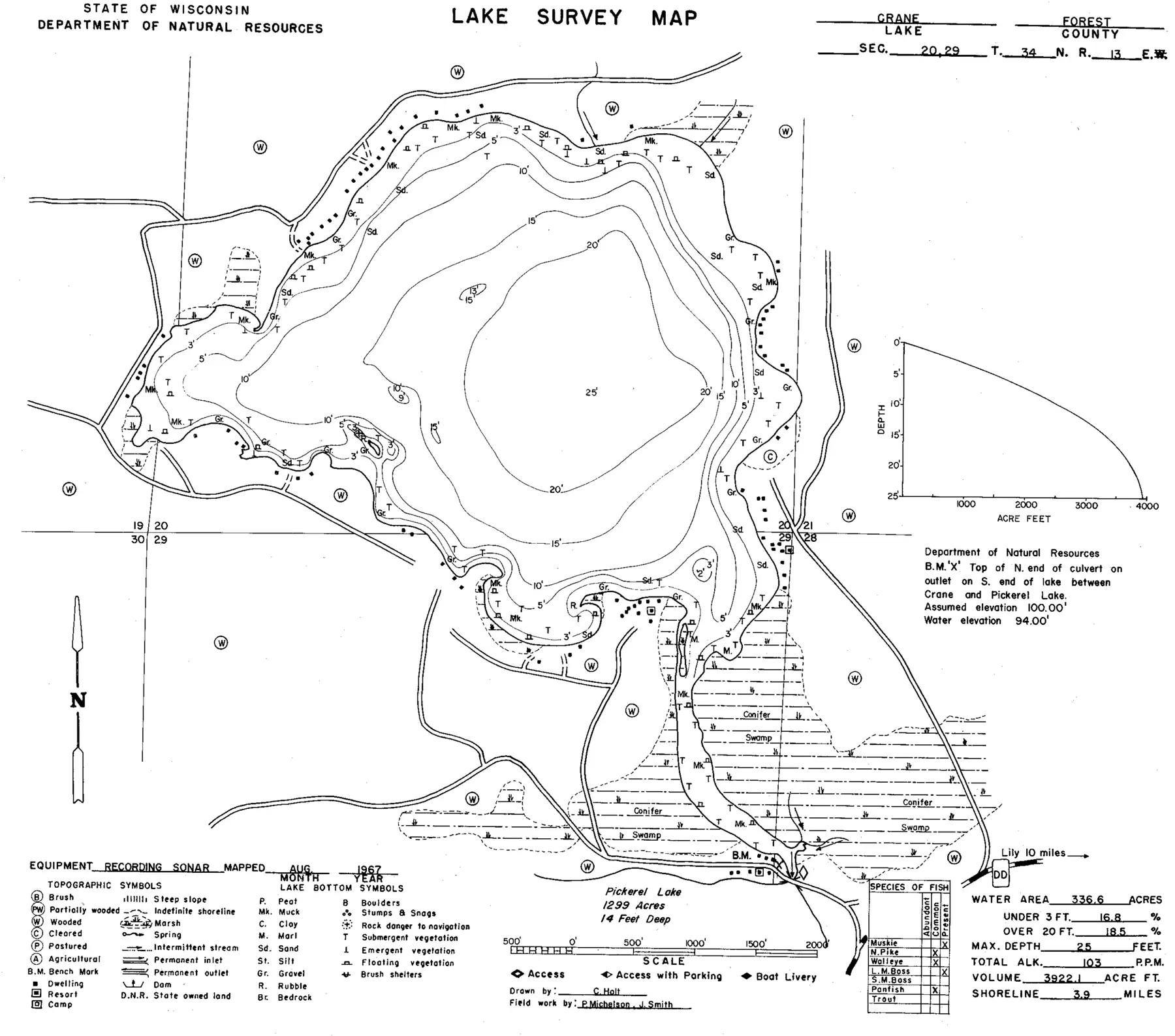 DNR survey map of Crane Lake, with depths in feet. Tap to zoom.