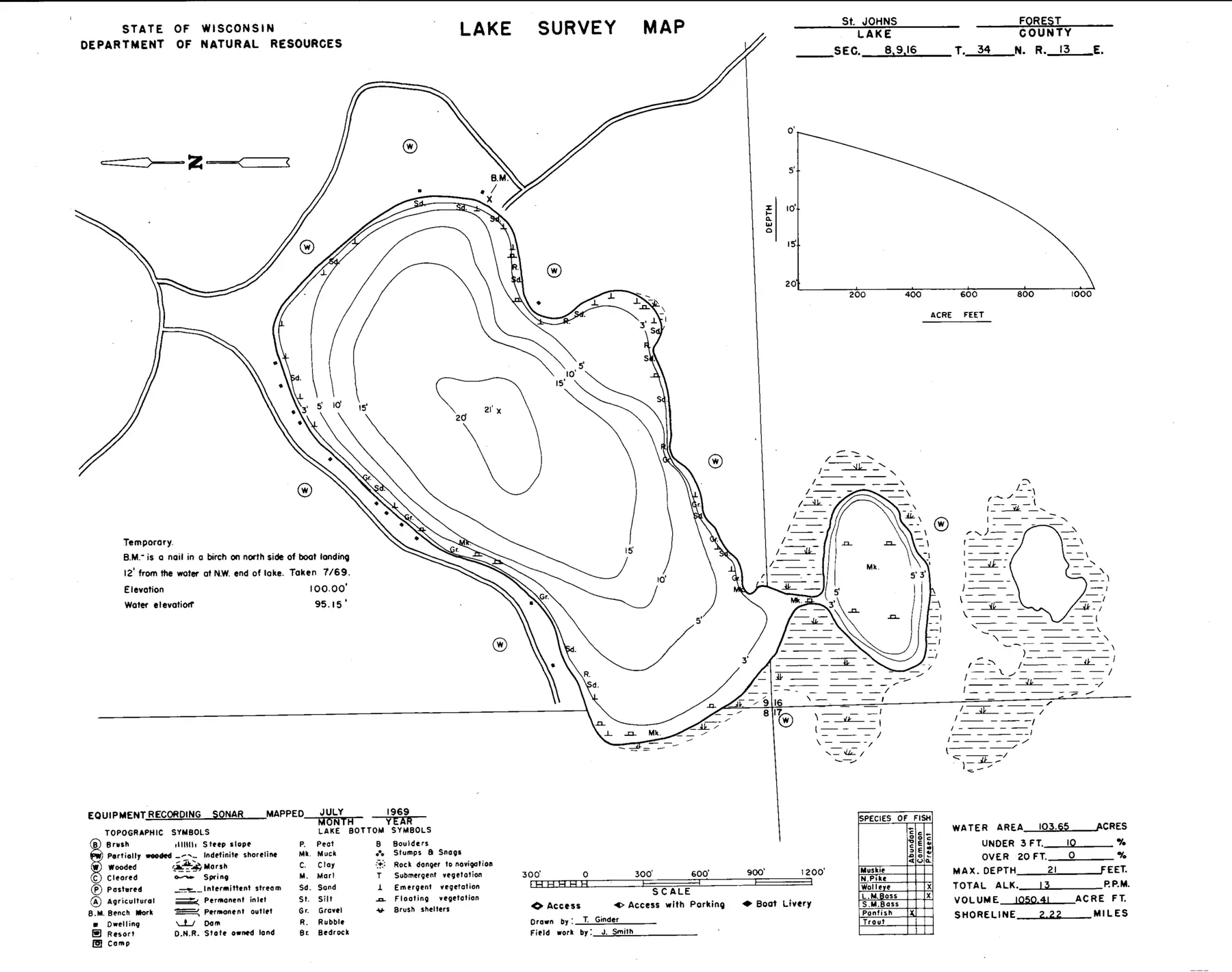 DNR survey map of Saint Johns Lake, with depths in feet. Tap to zoom.