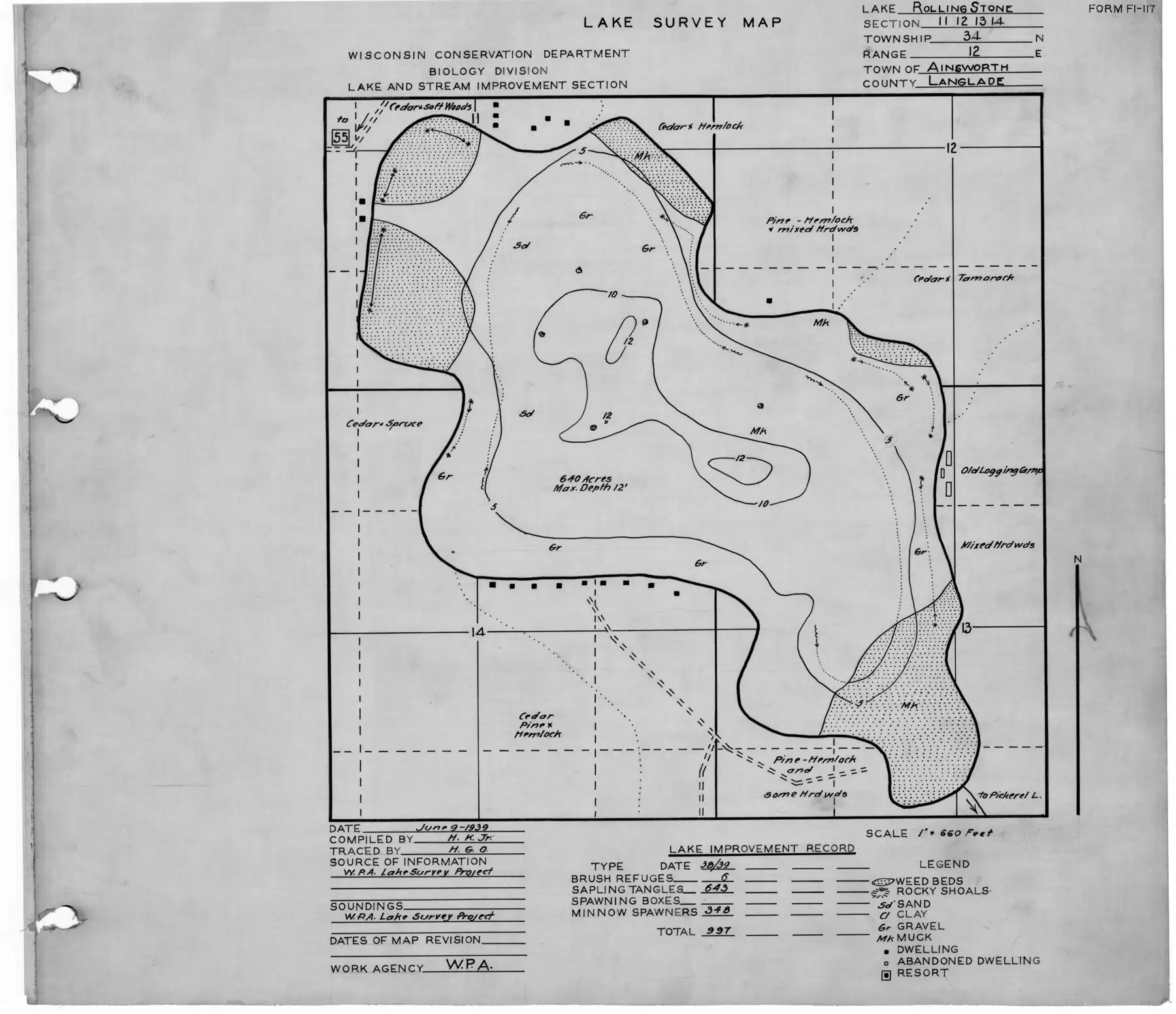 DNR survey map of Rolling Stone Lake, sheet 1 of 3, with depths in feet. Tap to zoom.