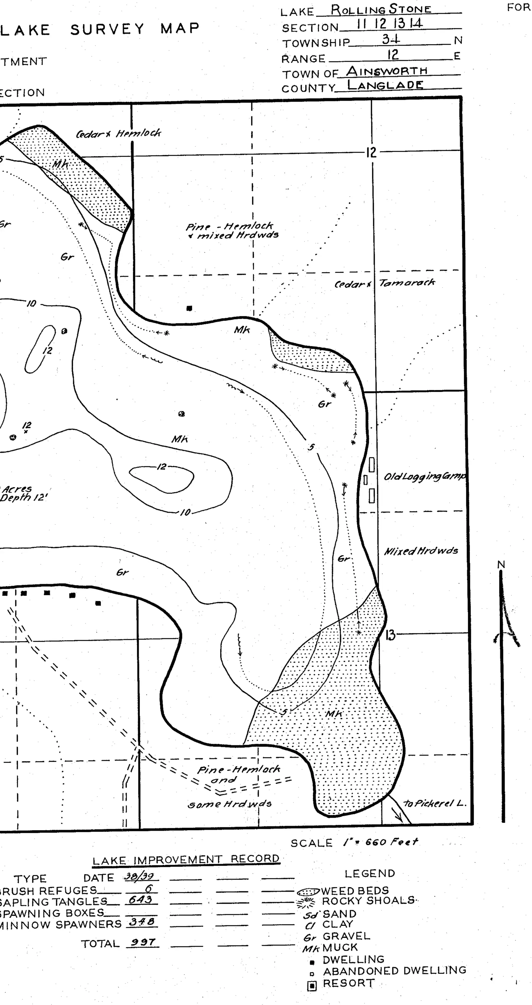 DNR survey map of Rolling Stone Lake, sheet 2 of 3, with depths in feet. Tap to zoom.