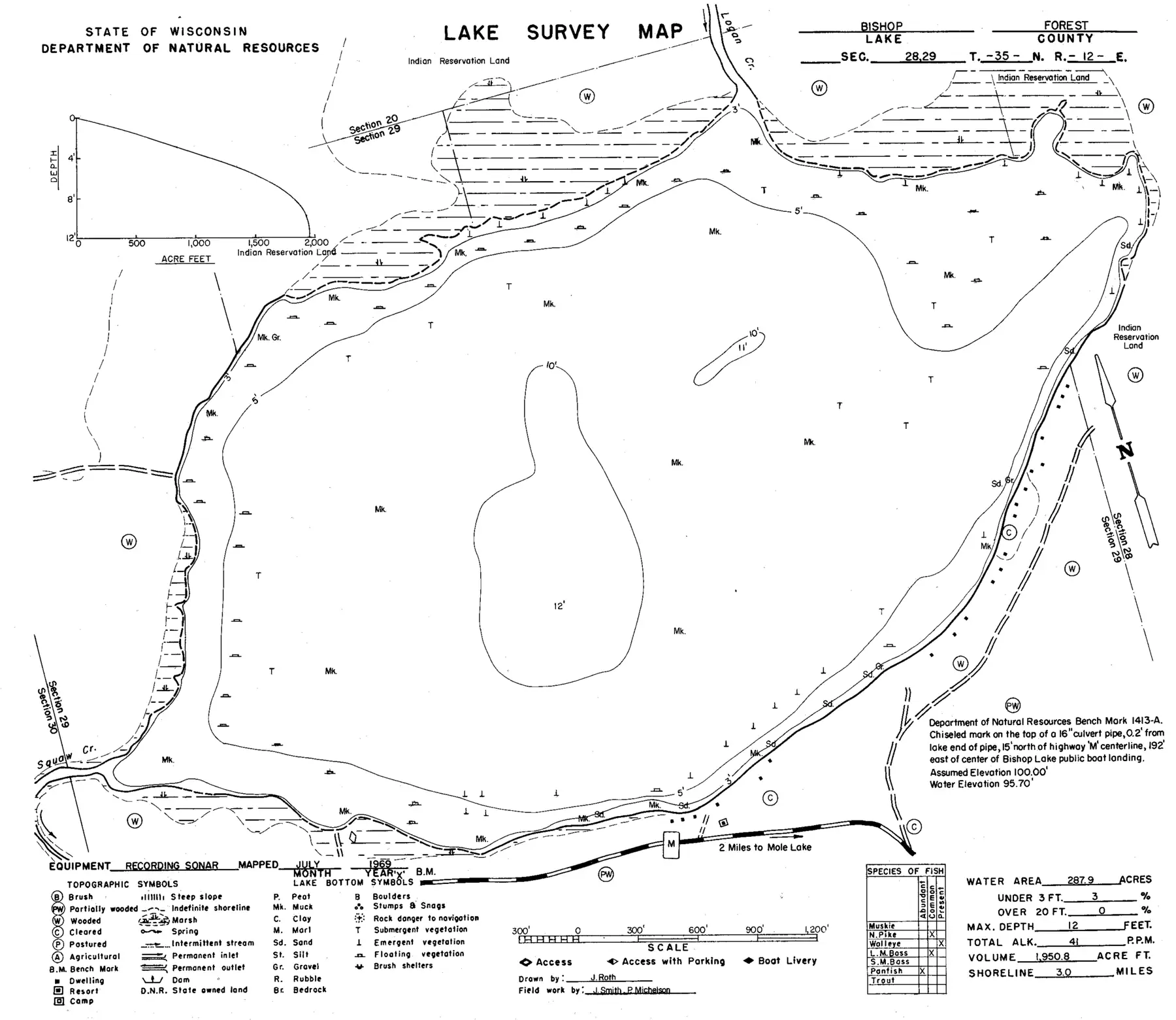 DNR survey map of Bishop Lake, with depths in feet. Tap to zoom.