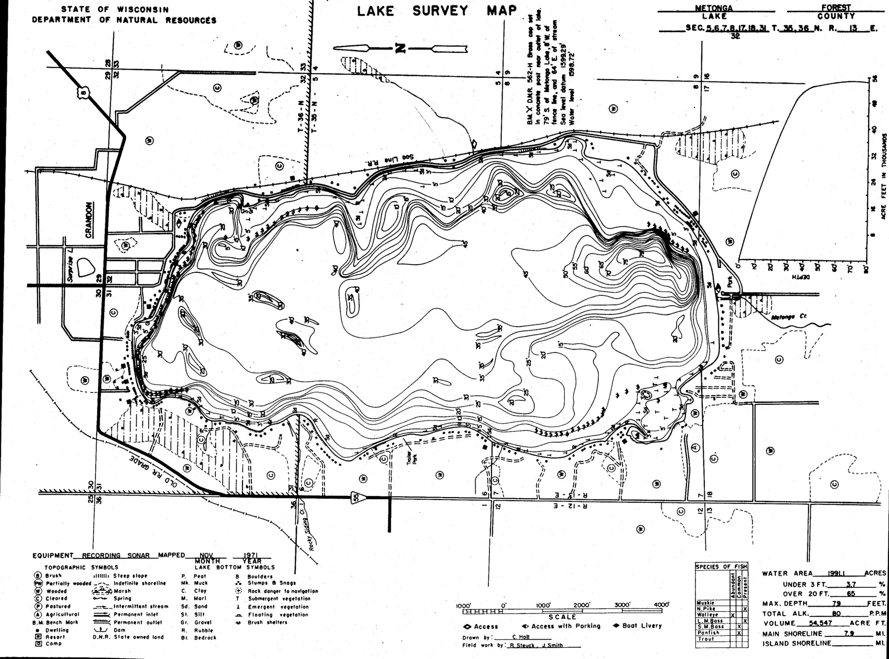 DNR survey map of Metonga Lake, with depths in feet. Tap to zoom.