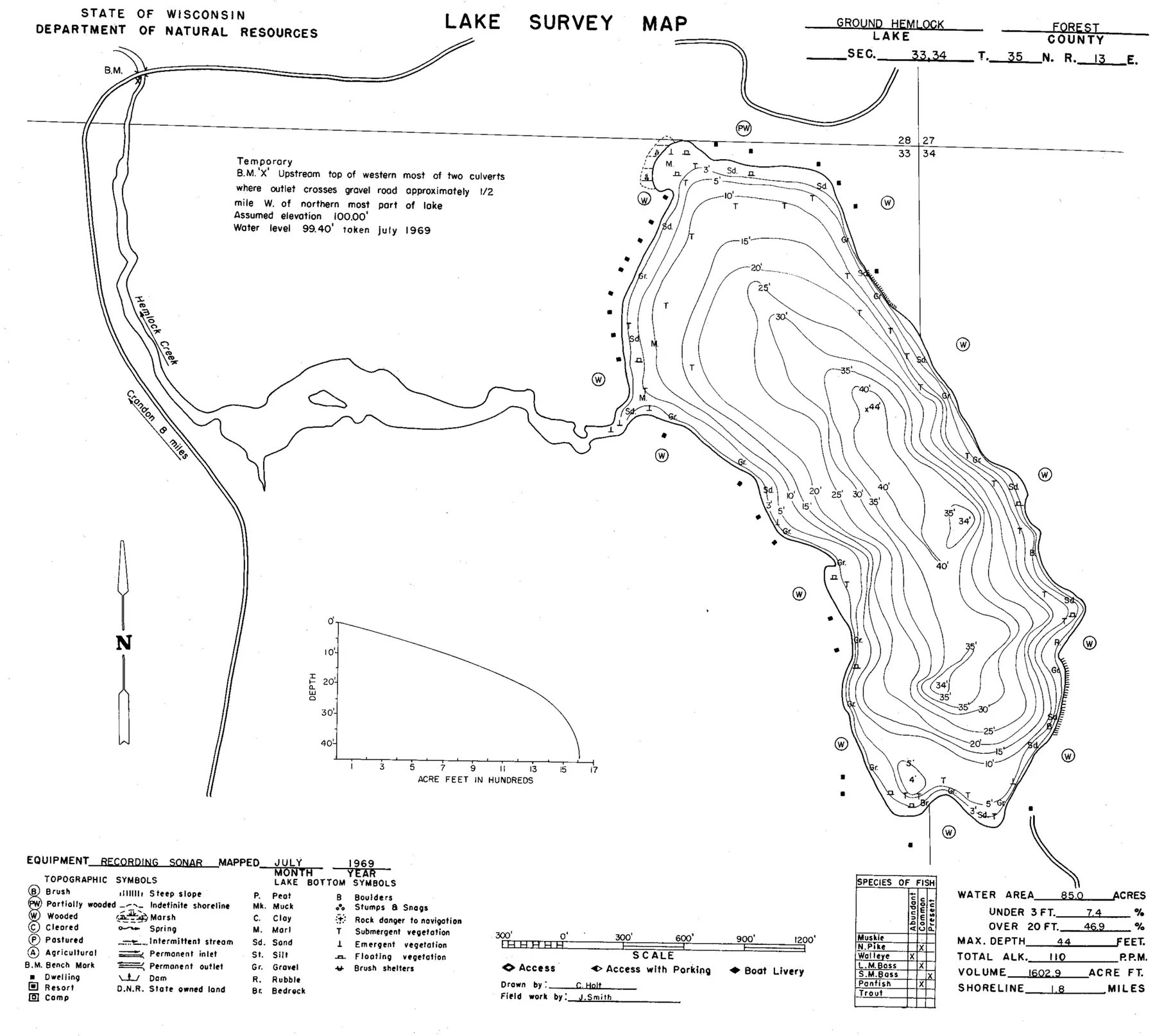 DNR survey map of Ground Hemlock Lake, with depths in feet. Tap to zoom.