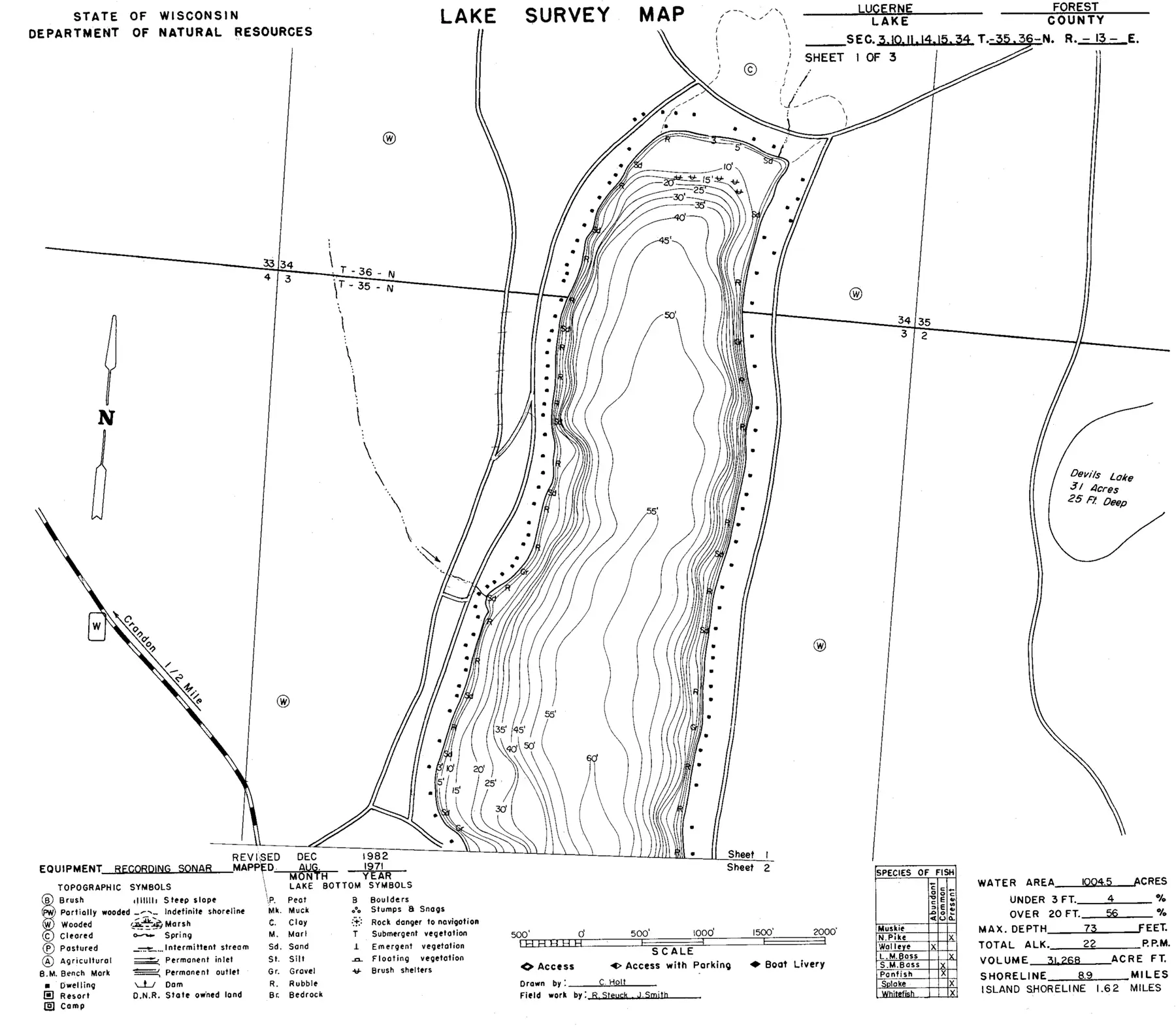 DNR survey map of Lake Lucerne, sheet 1 of 3, with depths in feet. Tap to zoom.