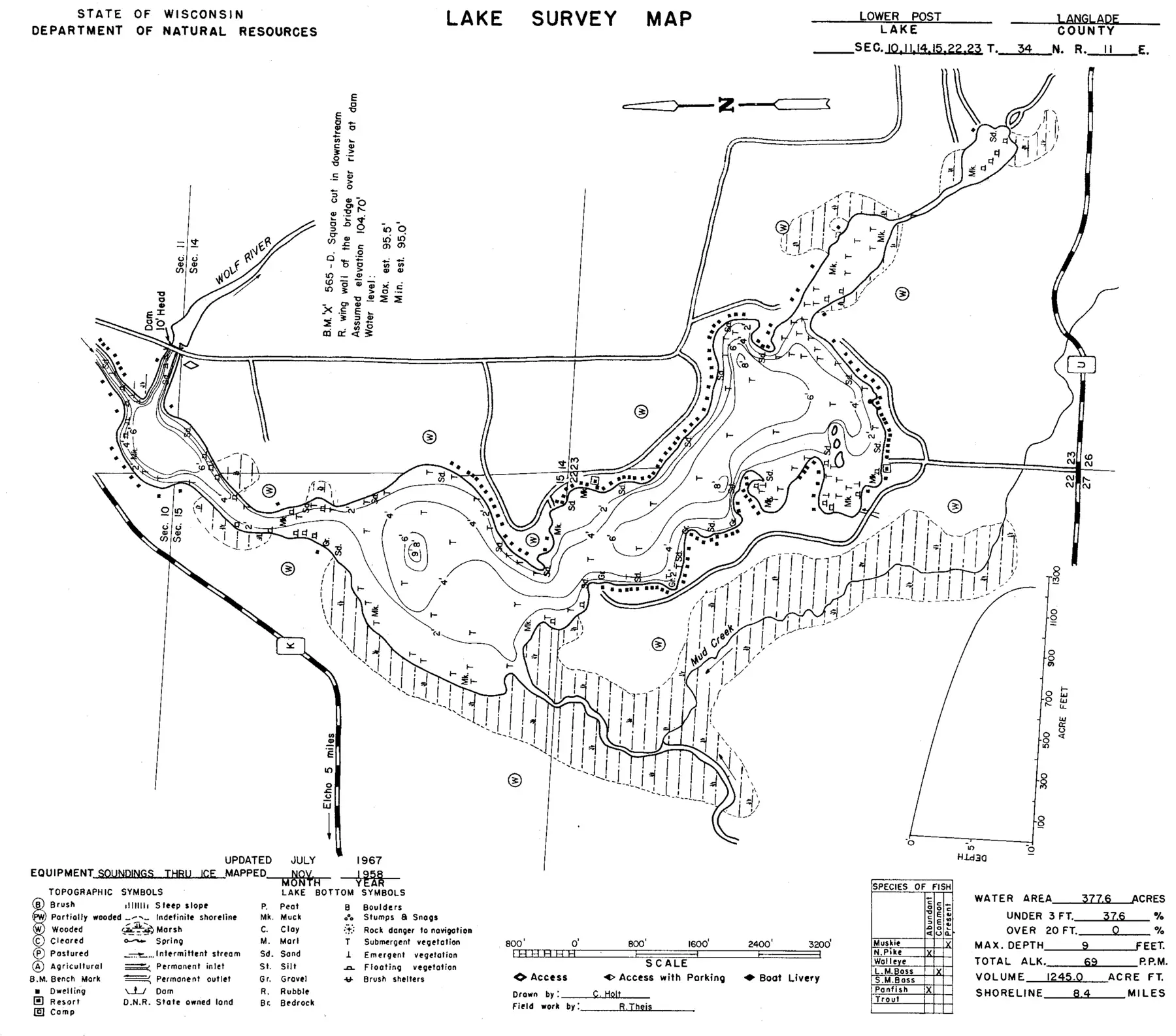 DNR survey map of Lower Post Lake, with depths in feet. Tap to zoom.
