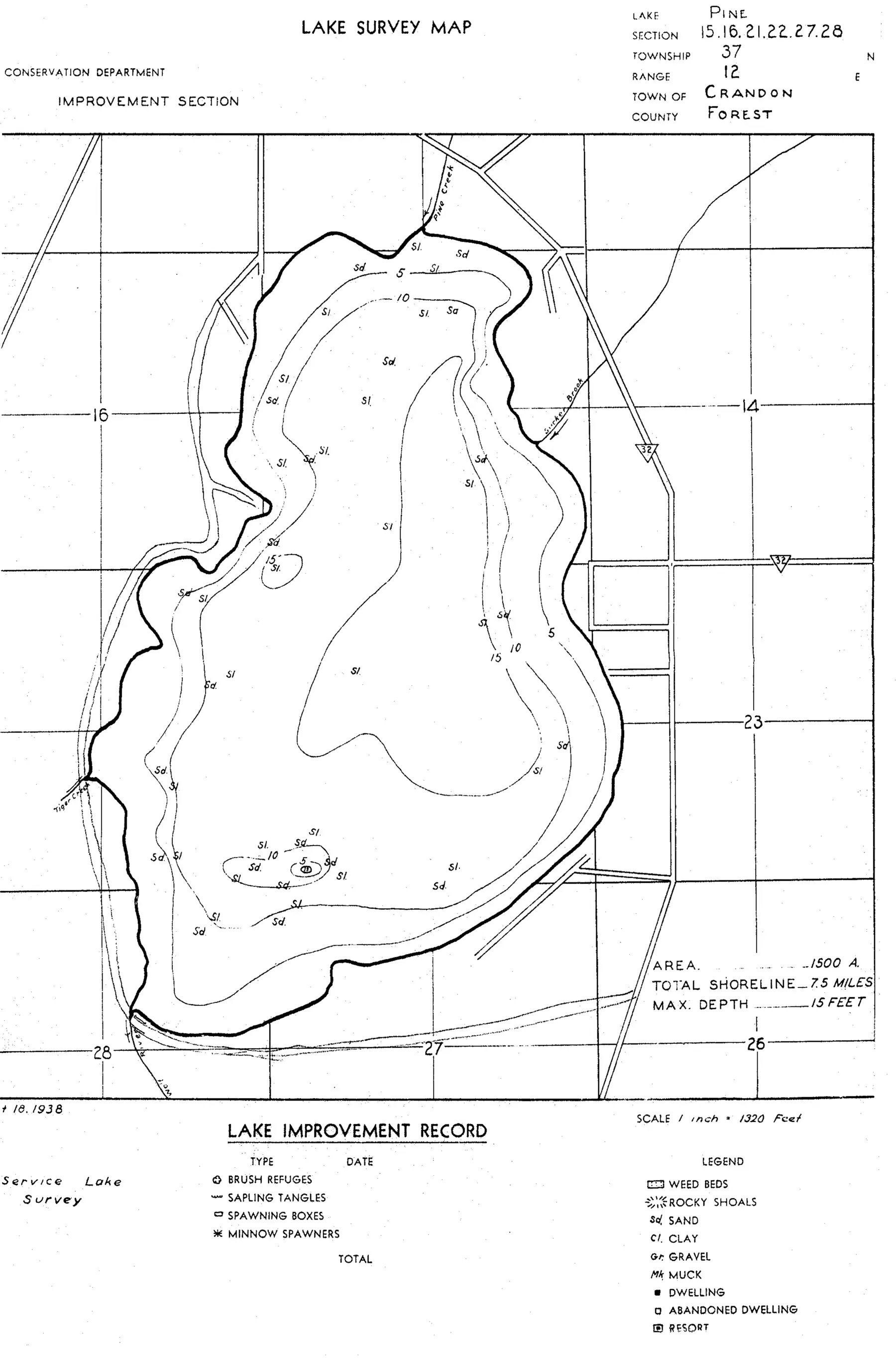 DNR survey map of Pine Lake, with depths in feet. Tap to zoom.