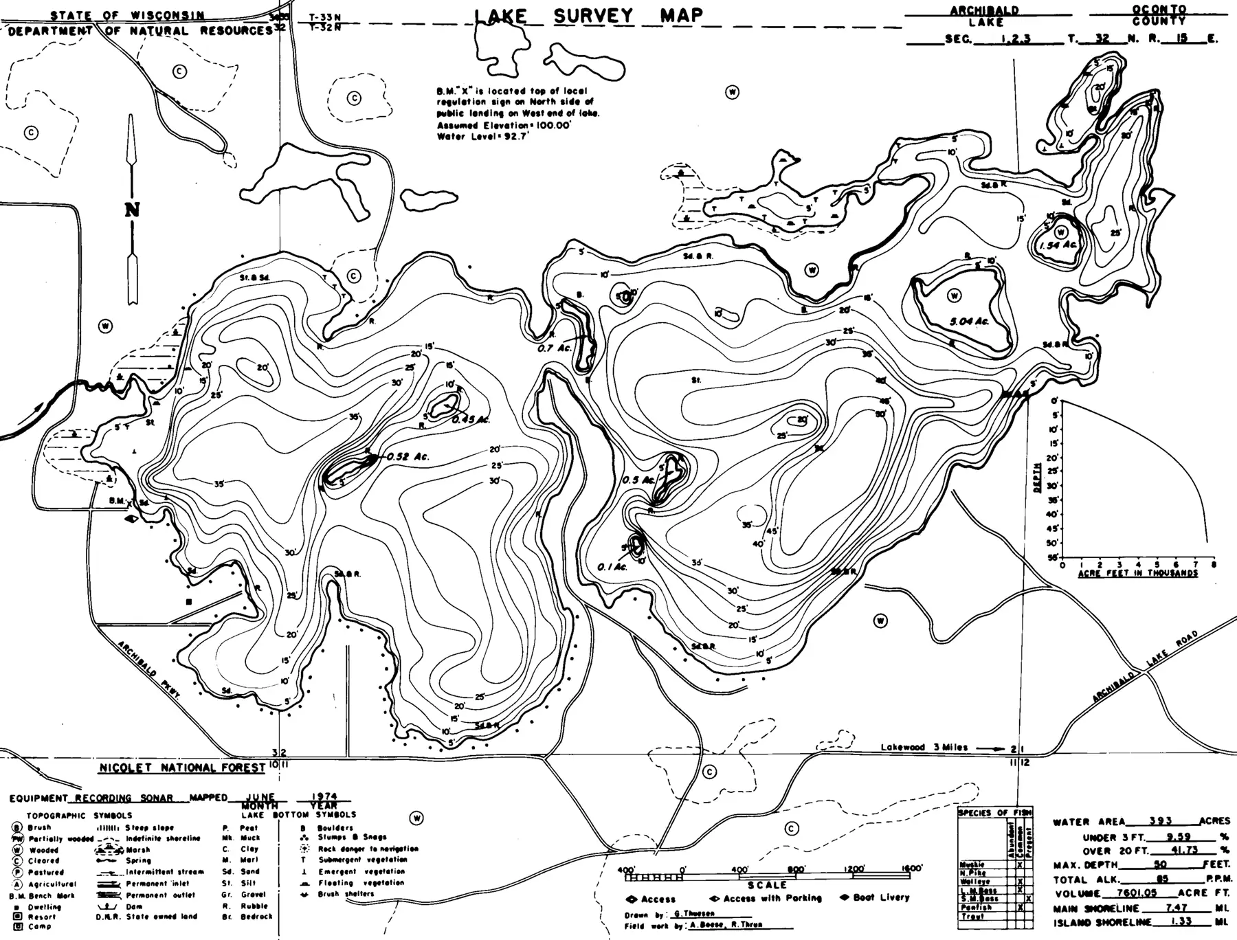 DNR survey map of Archibald Lake, with depths in feet. Tap to zoom.