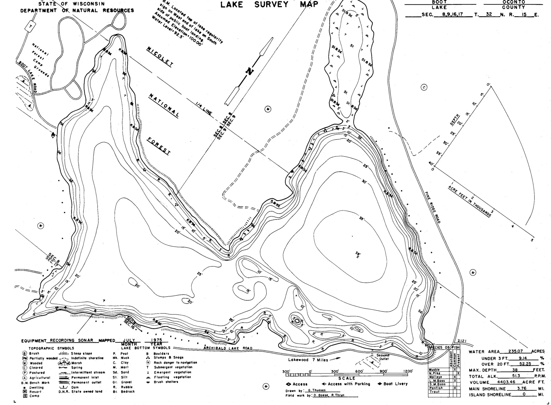 DNR survey map of Boot Lake, with depths in feet. Tap to zoom.