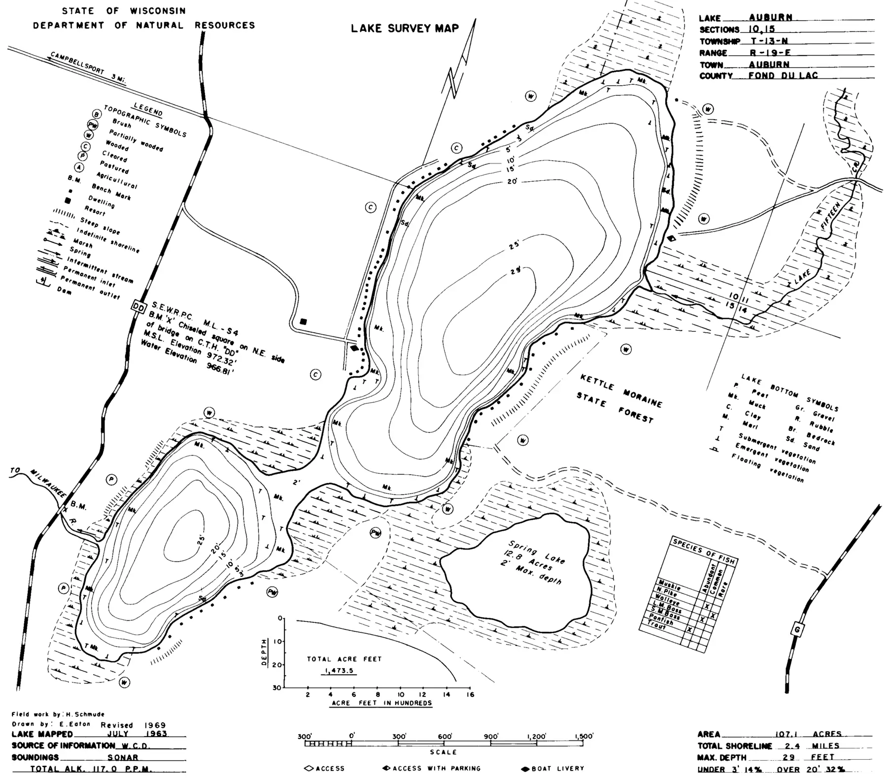 DNR survey map of Auburn Lake, with depths in feet. Tap to zoom.