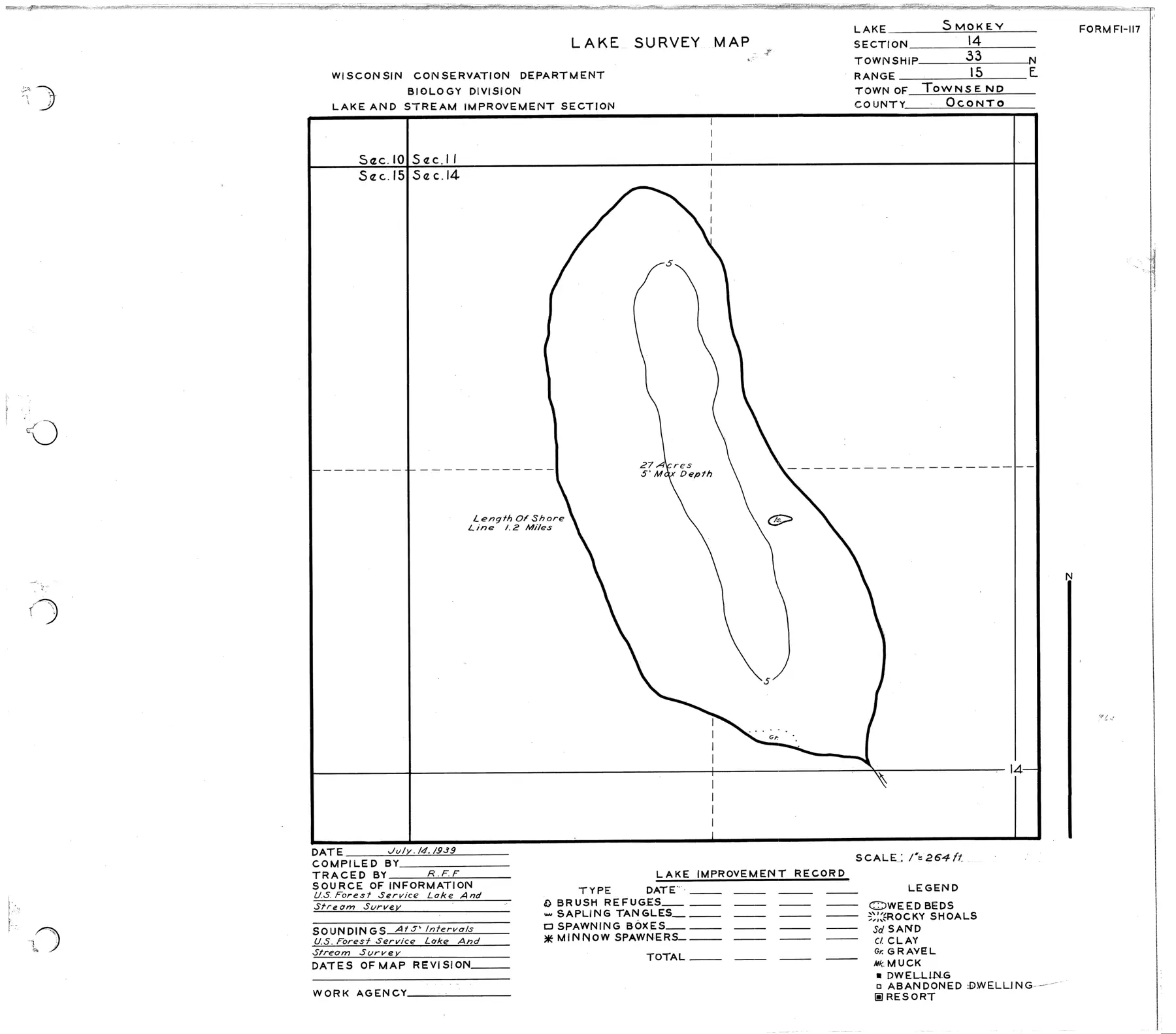DNR survey map of Smoke Lake, with depths in feet. Tap to zoom.