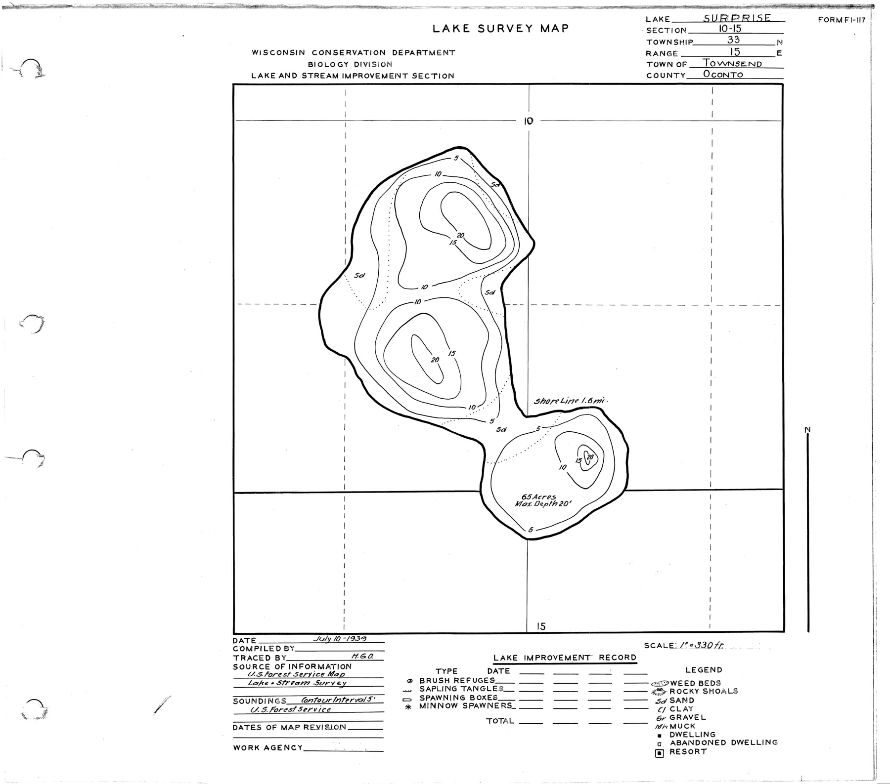 DNR survey map of Surprise Lake, with depths in feet. Tap to zoom.