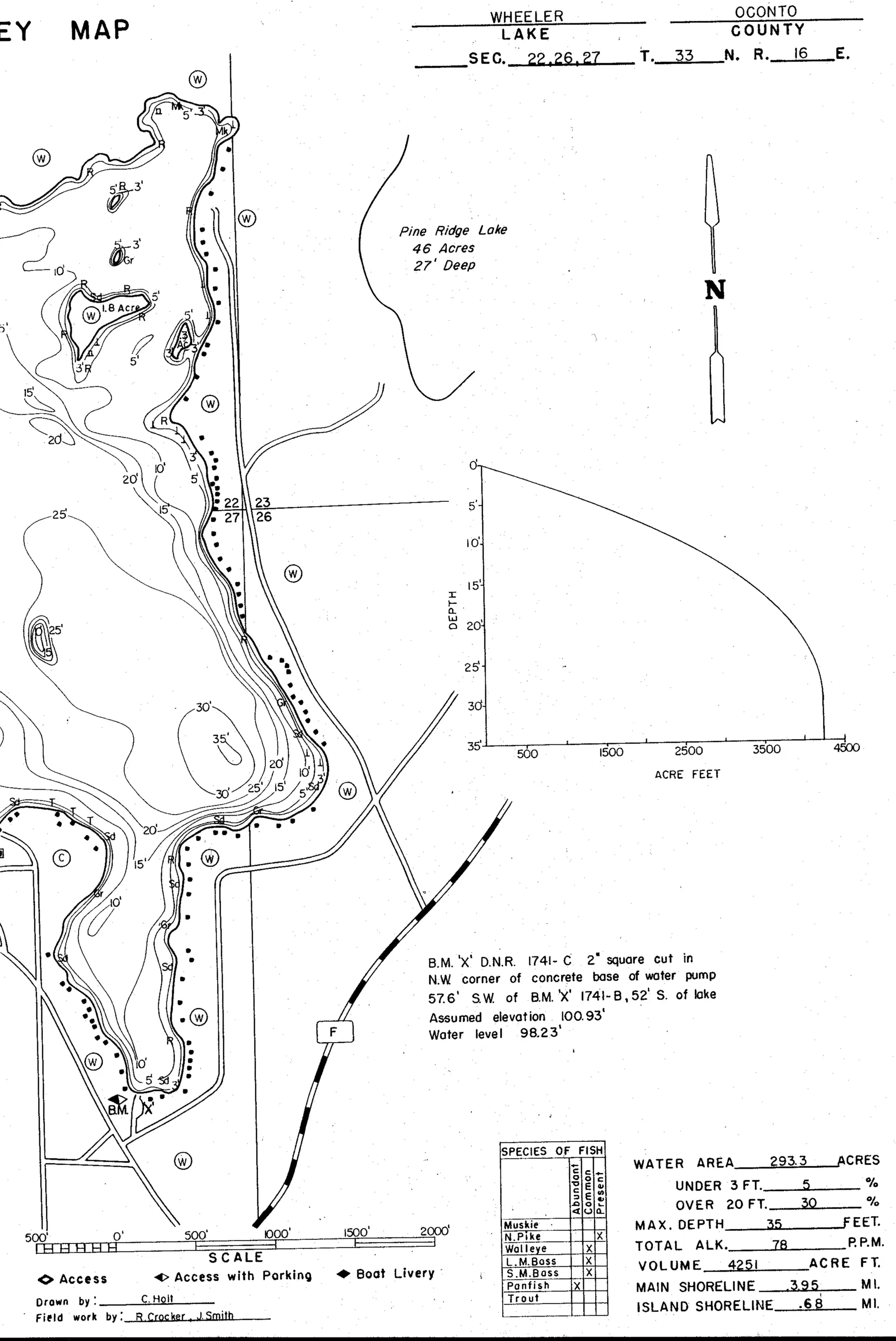 DNR survey map of Wheeler Lake, sheet 2 of 3, with depths in feet. Tap to zoom.