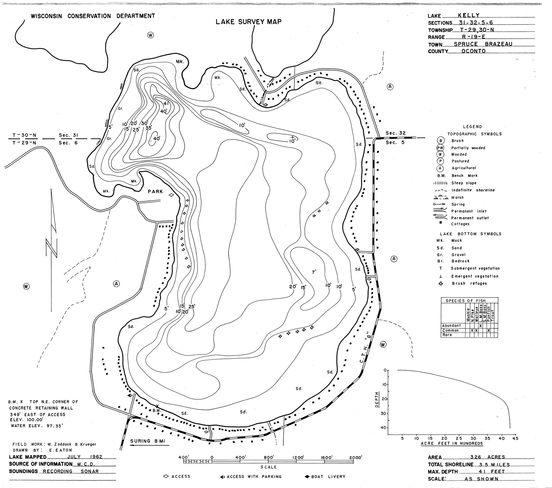 DNR survey map of Kelly Lake, with depths in feet. Tap to zoom.