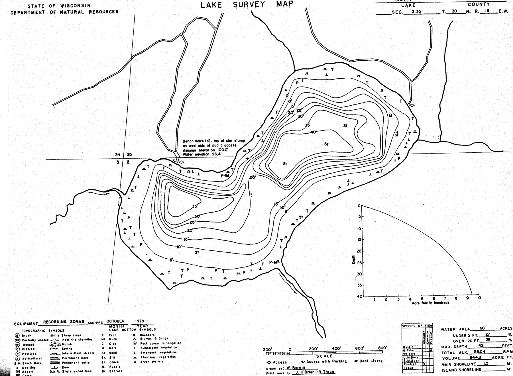 DNR survey map of Cooley Lake, with depths in feet. Tap to zoom.