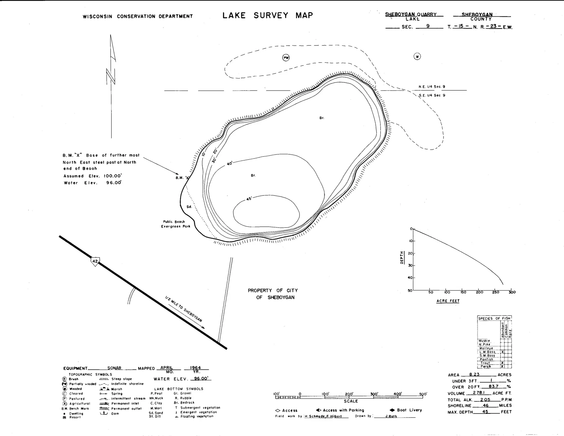 DNR survey map of Sheboygan Quarry, with depths in feet. Tap to zoom.