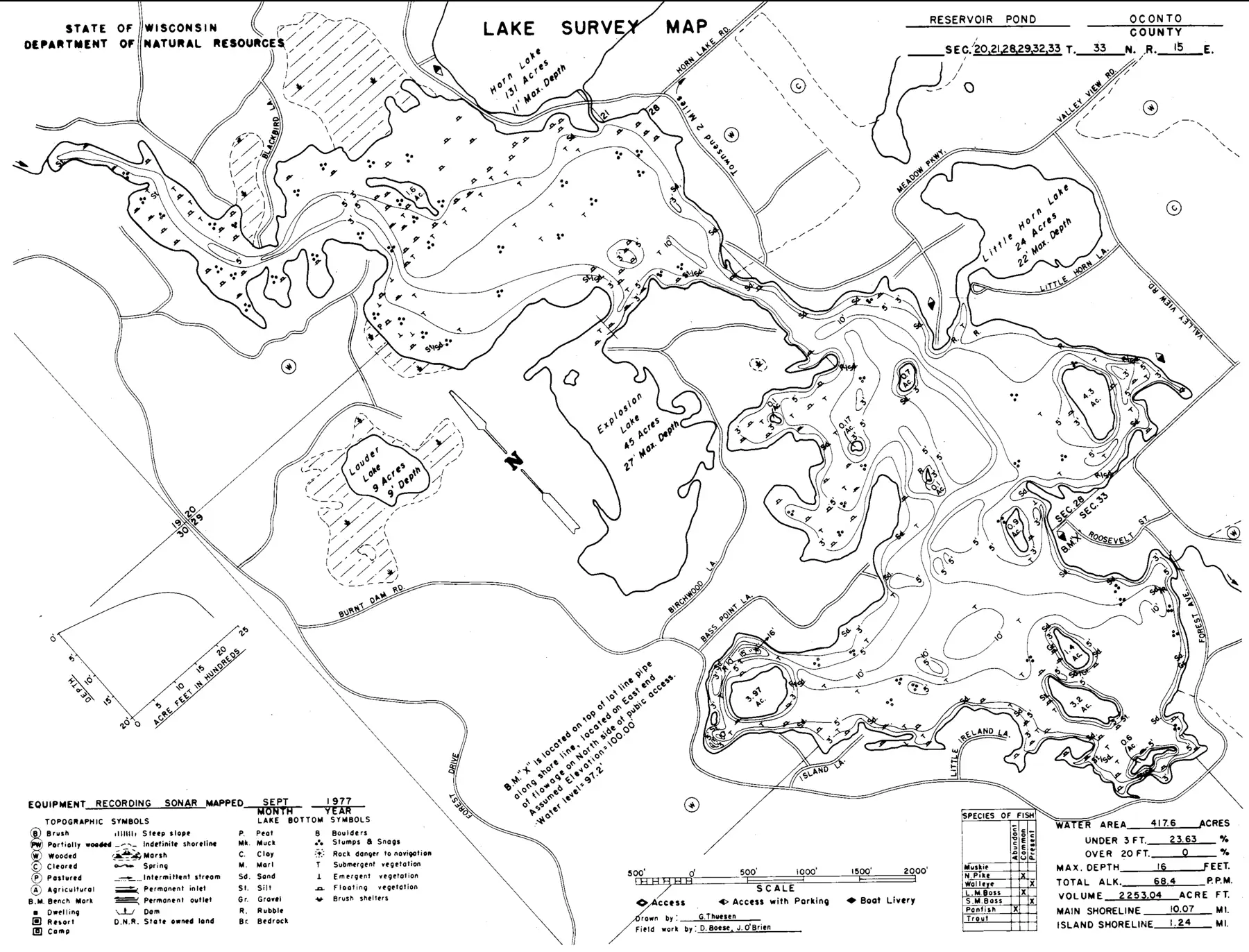 DNR survey map of Reservoir Pond, with depths in feet. Tap to zoom.