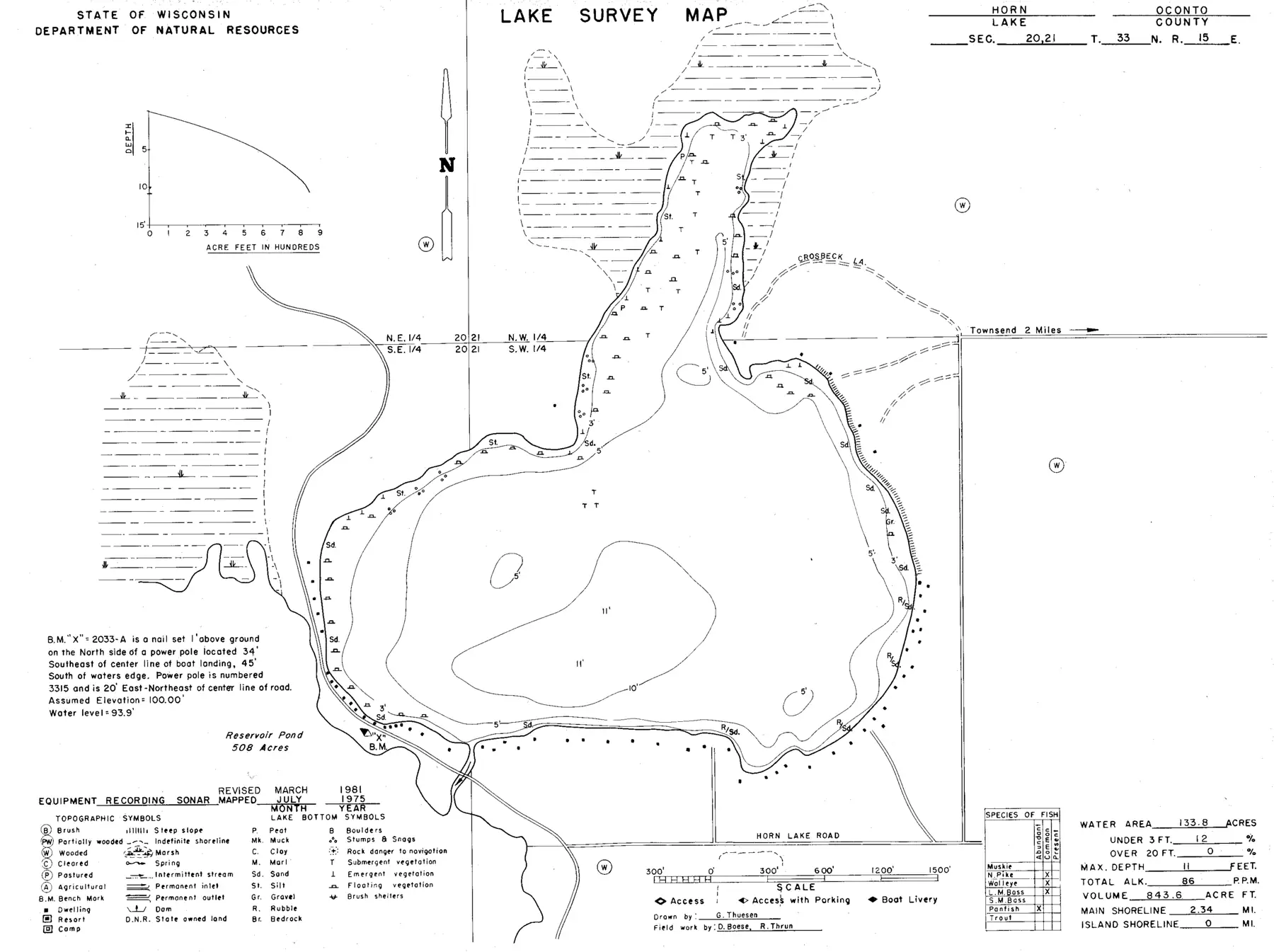 DNR survey map of Horn Lake, with depths in feet. Tap to zoom.