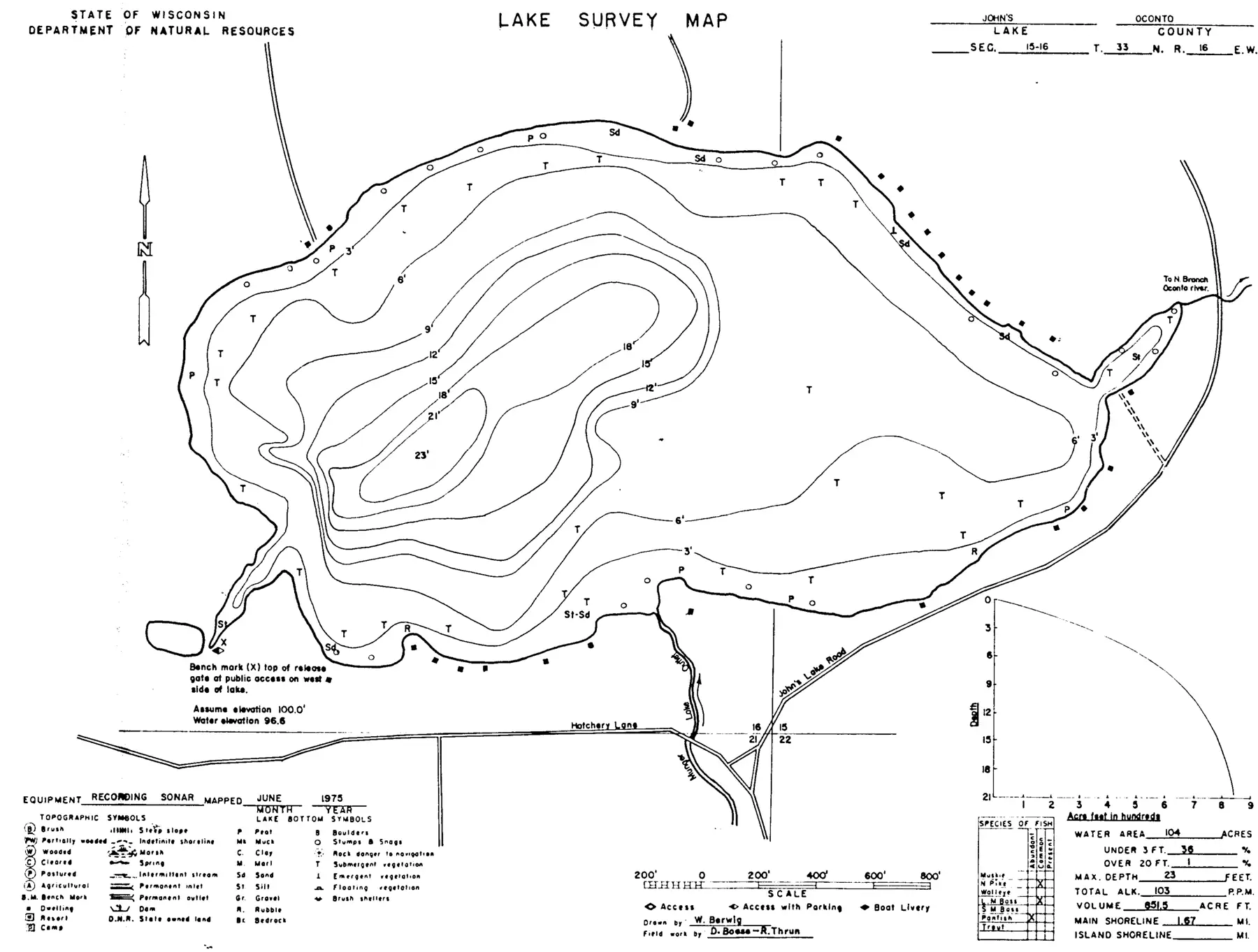 DNR survey map of Lake John, with depths in feet. Tap to zoom.