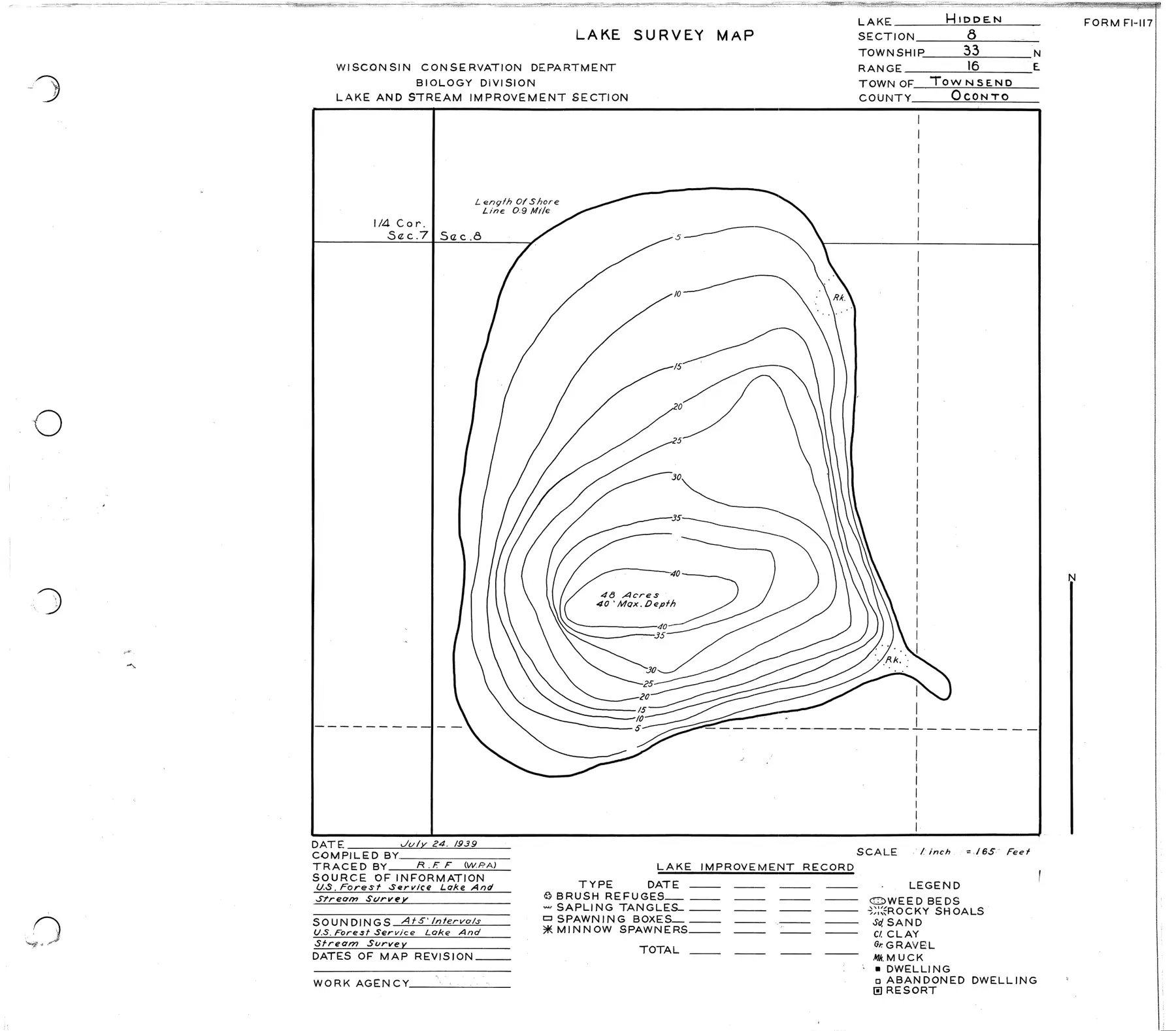 DNR survey map of Hidden Lake, with depths in feet. Tap to zoom.