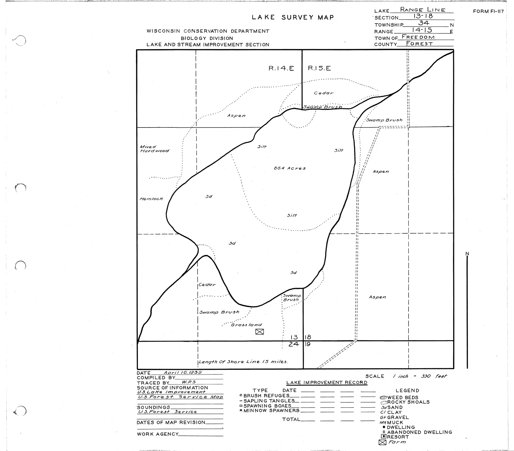 DNR survey map of Range Line Lake, with depths in feet. Tap to zoom.