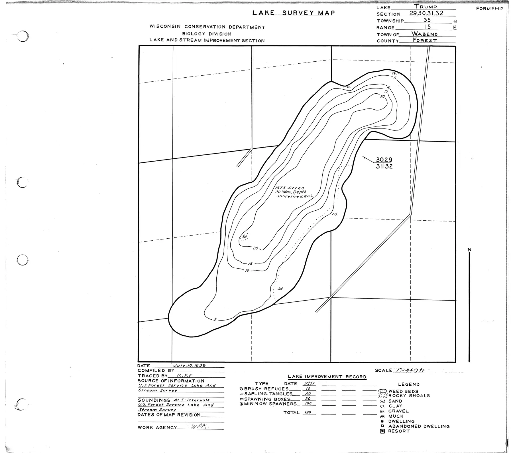 DNR survey map of Trump Lake, with depths in feet. Tap to zoom.