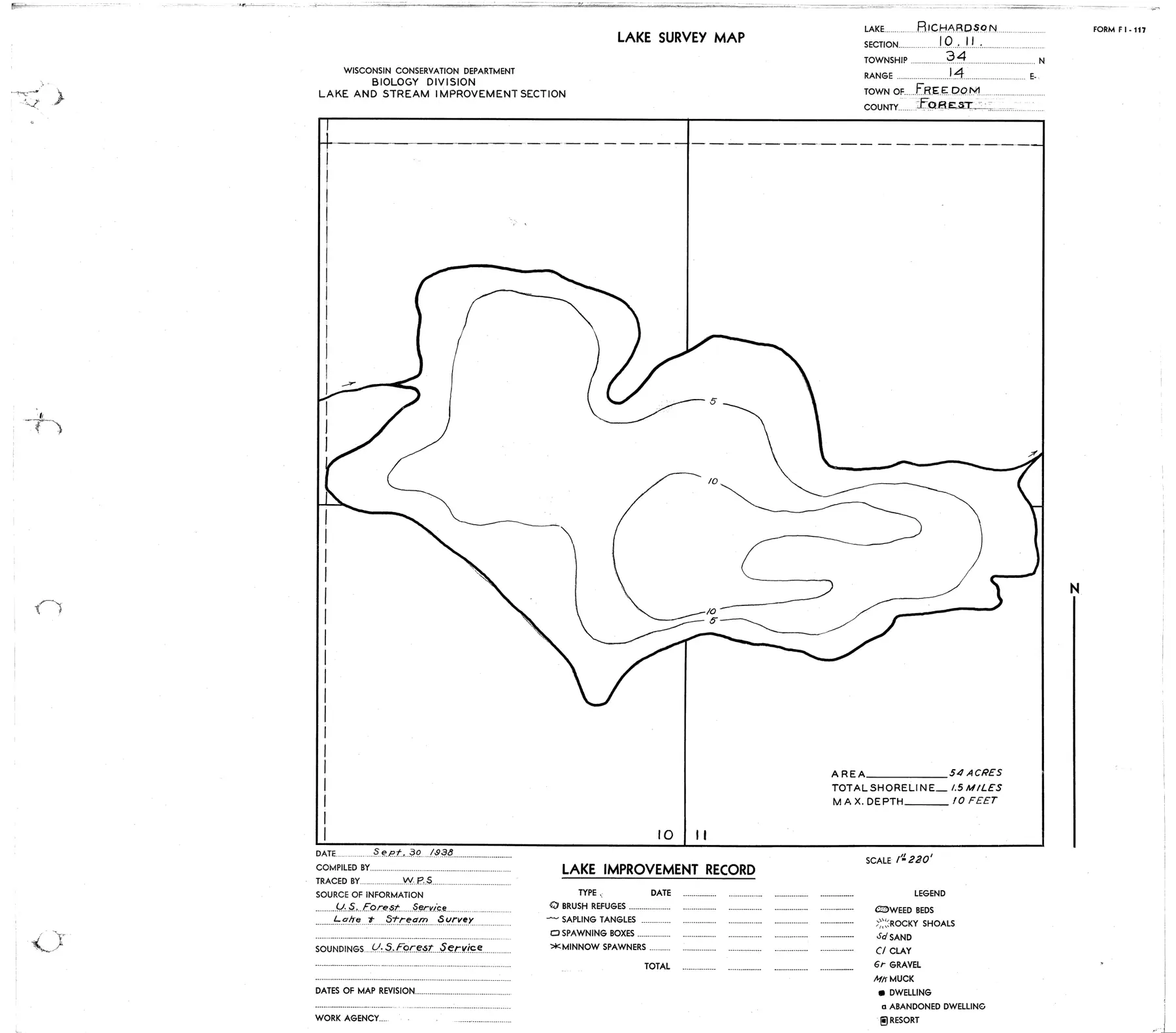 DNR survey map of Richardson Lake, with depths in feet. Tap to zoom.